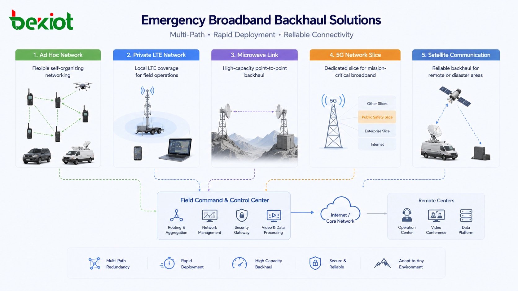 Retour large bande d'urgence utilisant un réseau ad hoc, un réseau privé LTE, une liaison micro-ondes, le découpage 5G et les communications par satellite