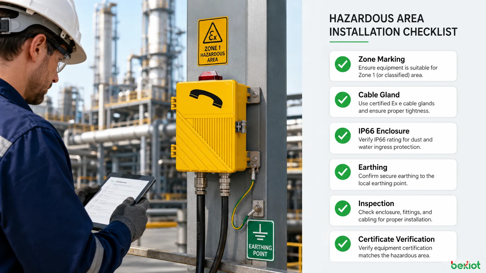 Liste de contrôle d’installation en zone dangereuse pour équipement Ex e avec classification de zone marquage Ex presse-étoupe enveloppe IP66 terre inspection et vérification du certificat