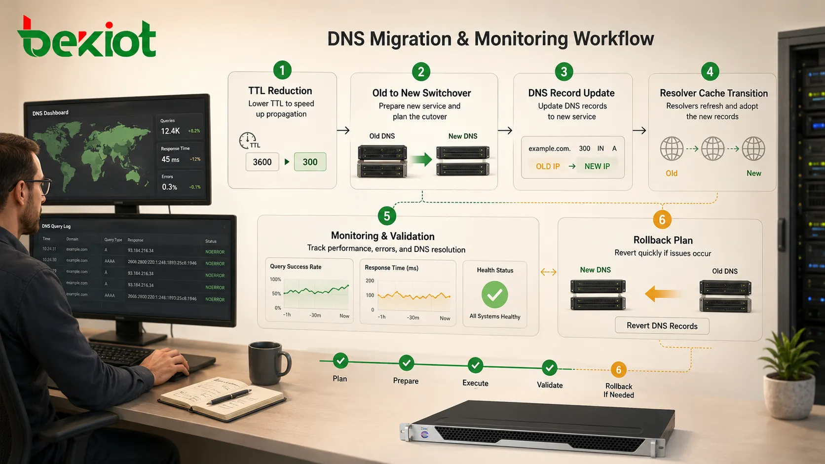 Flux de migration DNS avec réduction du TTL, ancien serveur, nouveau serveur, mise à jour d’enregistrement, cache du résolveur, supervision et plan de retour arrière