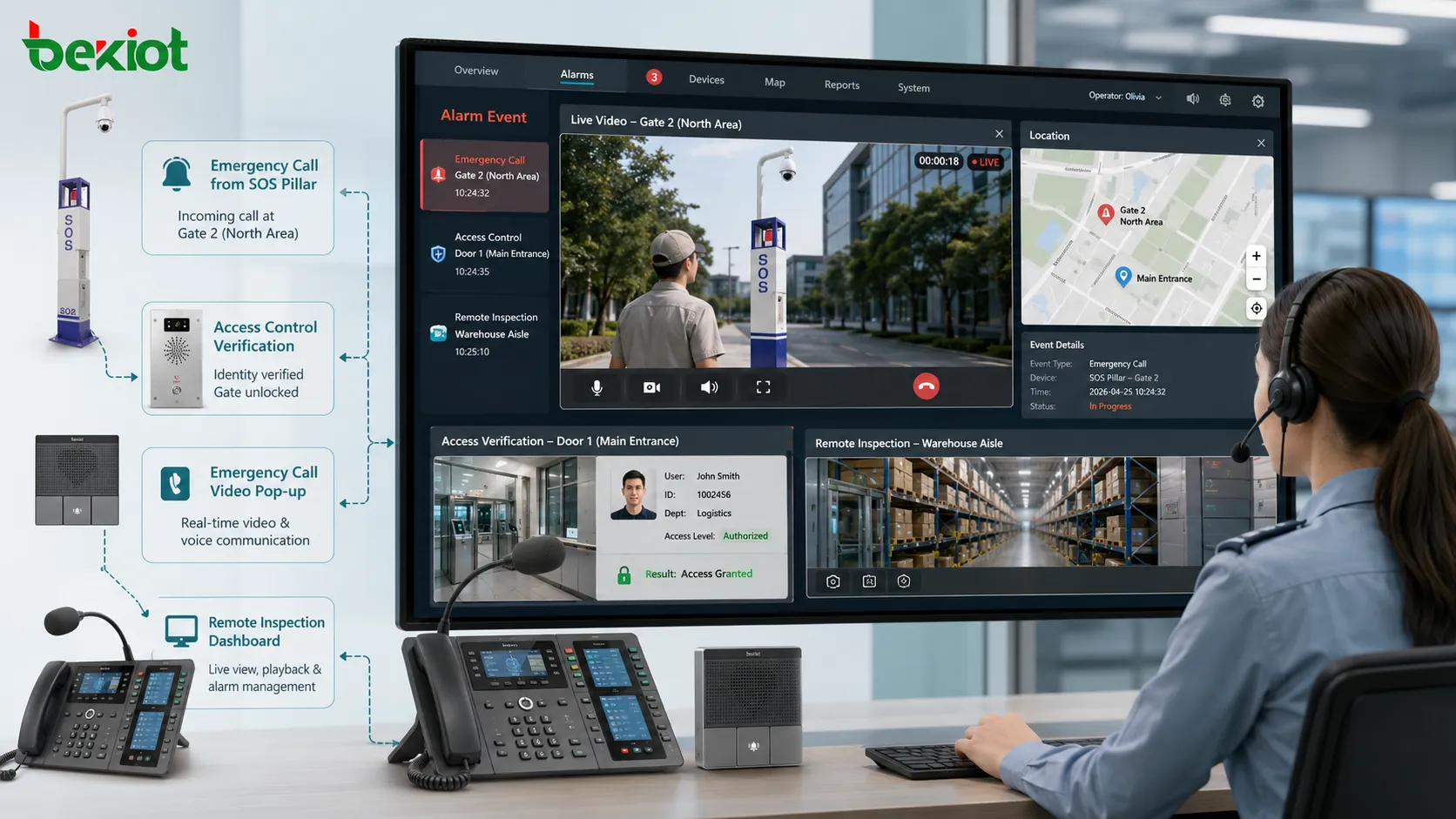 Cas d’usage d’intégration vidéo avec liaison d’alarme vérification d’accès appel d’urgence fenêtre vidéo et inspection à distance