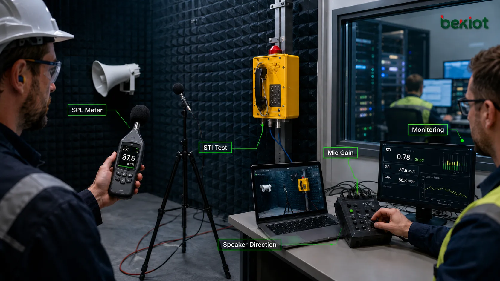 Mise en service de réduction acoustique du bruit avec sonomètre test d’intelligibilité réglage du gain orientation du haut-parleur et surveillance en salle de contrôle