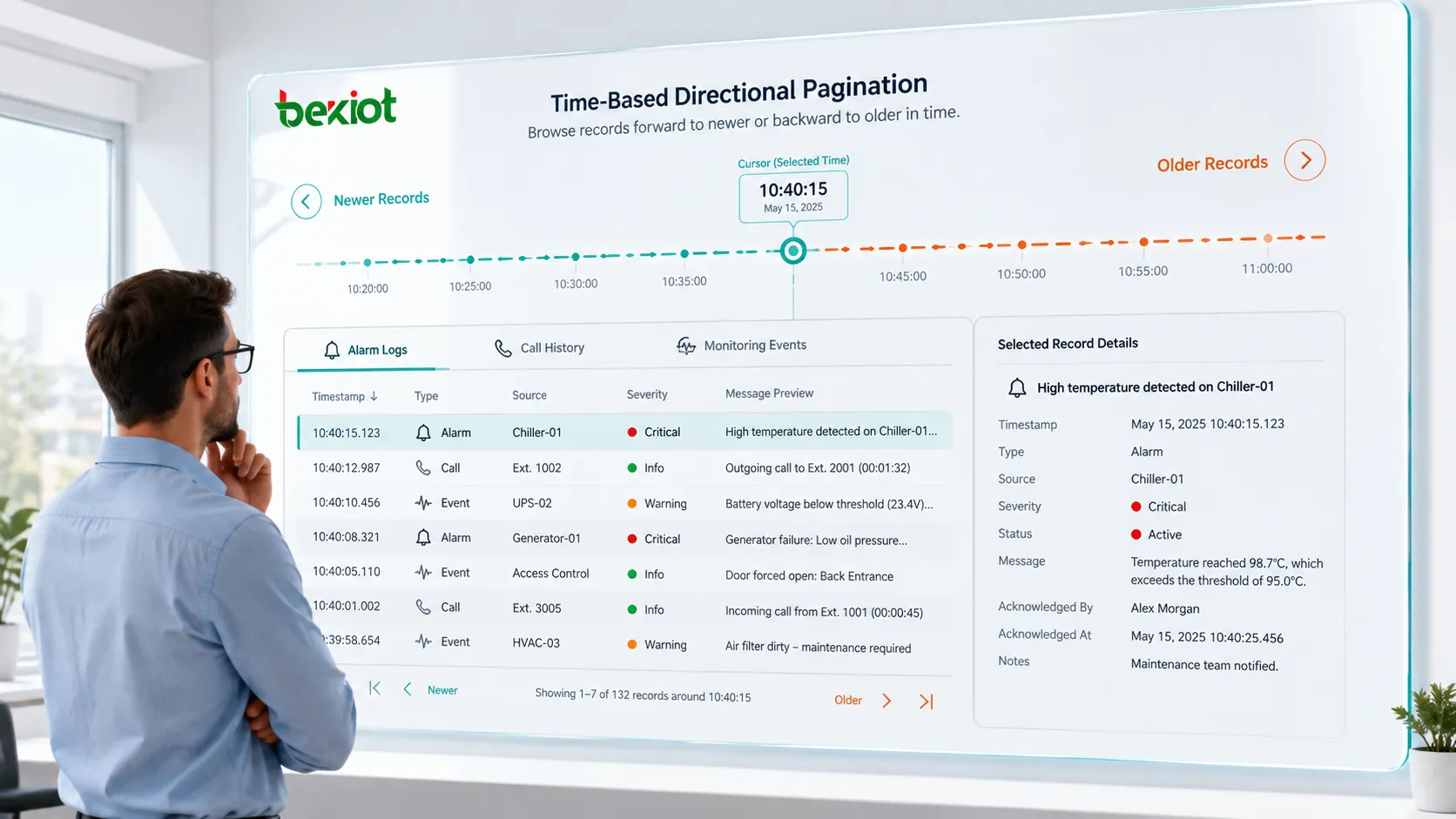 Pagination directionnelle temporelle avec curseur horodaté, alarmes, historique d’appels et événements de supervision