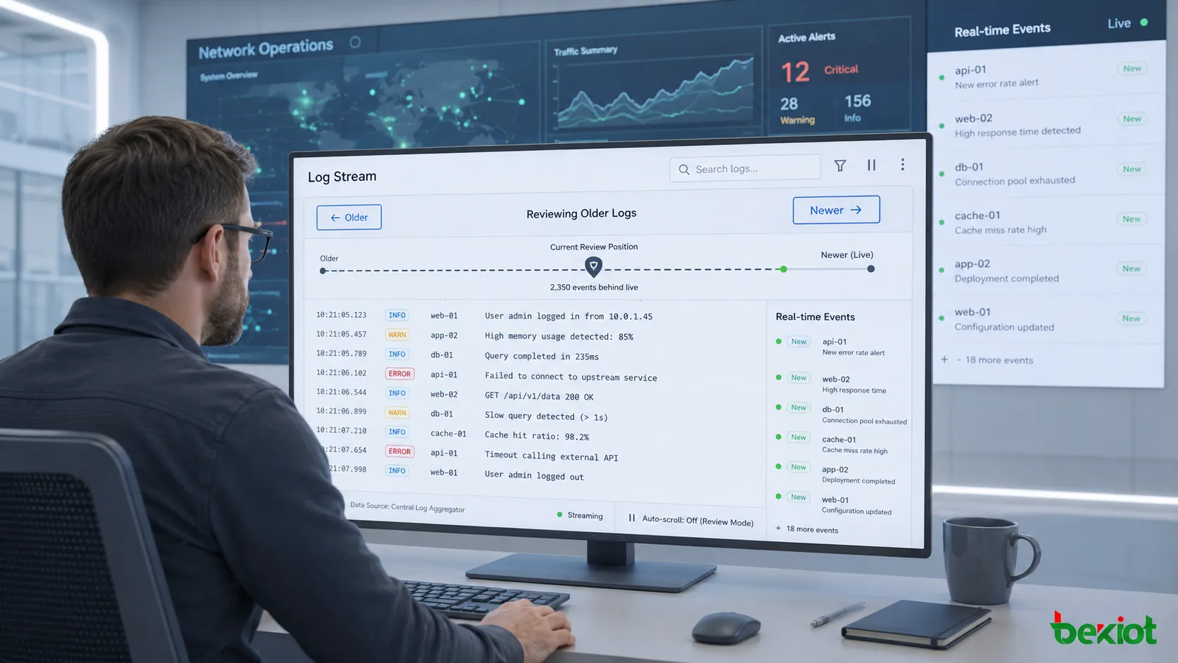 Pagination directionnelle dans un tableau de supervision avec flux de journaux, curseur, événements en temps réel et position stable