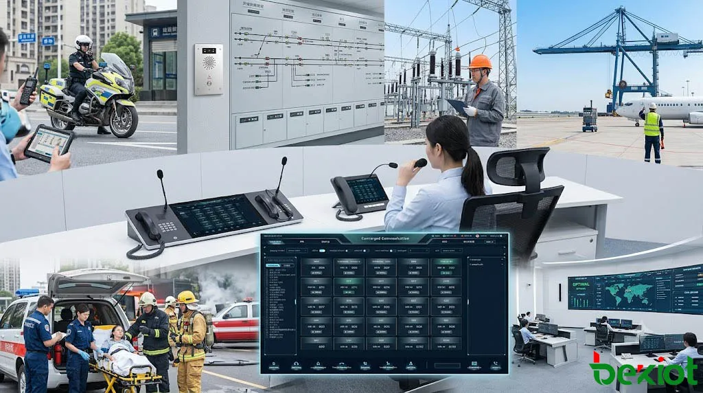 Applications industrielles du dispatch radio en réseau montrant la sécurité publique, les services publics, le chemin de fer, l'exploitation minière, le port, l'aéroport et le centre de commandement d'urgence