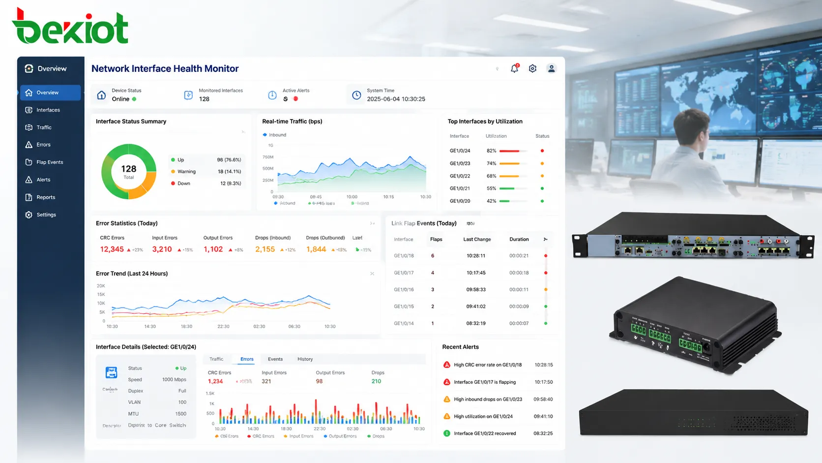 Analyse des compteurs d’erreurs d’interface réseau avec erreurs CRC pertes de paquets flapping de lien et indicateurs de défaut physique