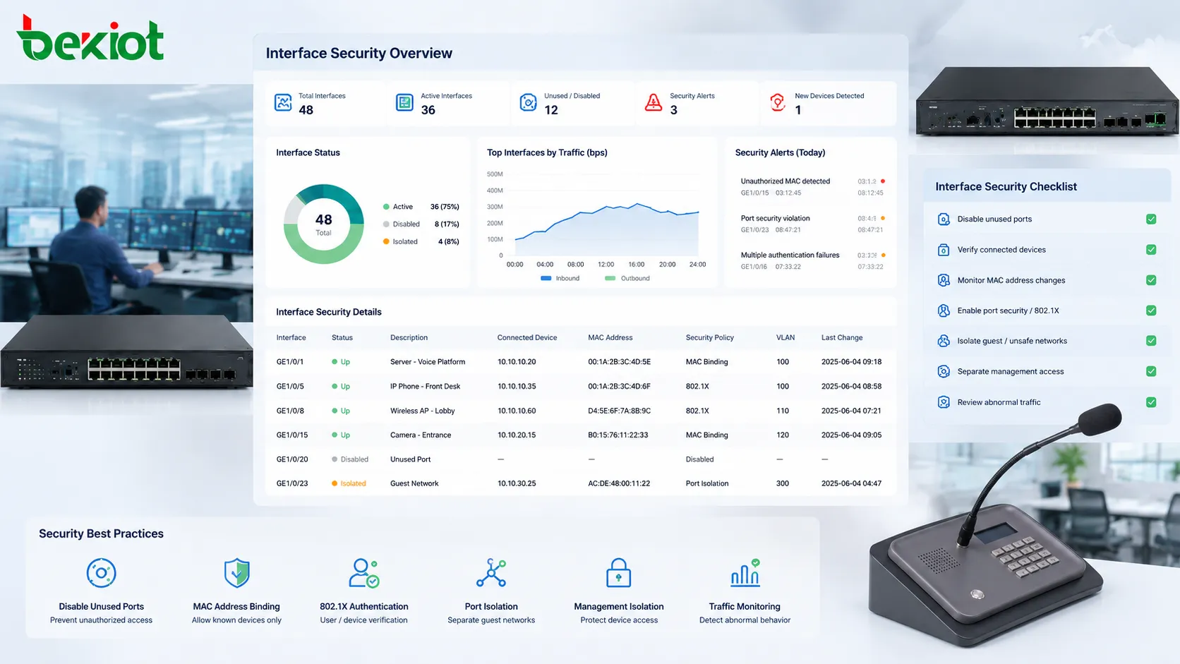 Maintenance de sécurité des interfaces réseau avec ports inutilisés désactivés accès d’équipements connus surveillance MAC et réseau de gestion isolé