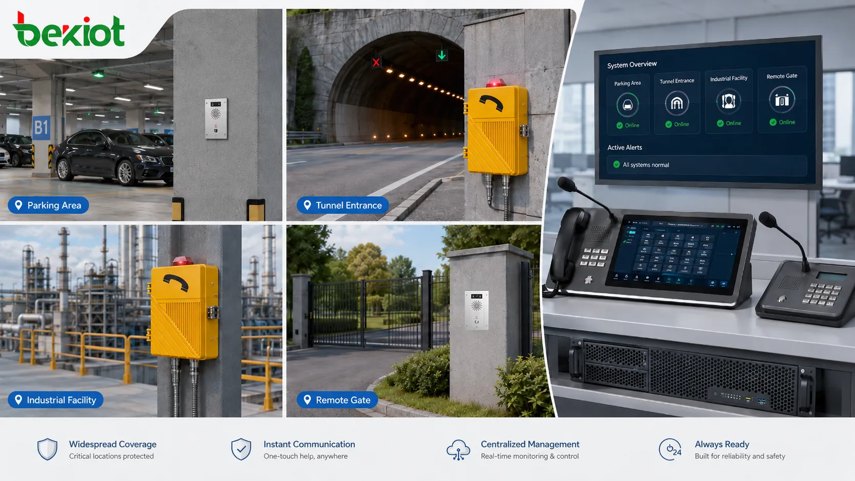 Dispositifs d’appel d’urgence dans parking, entrée de tunnel, site industriel, chemin de campus et portail isolé