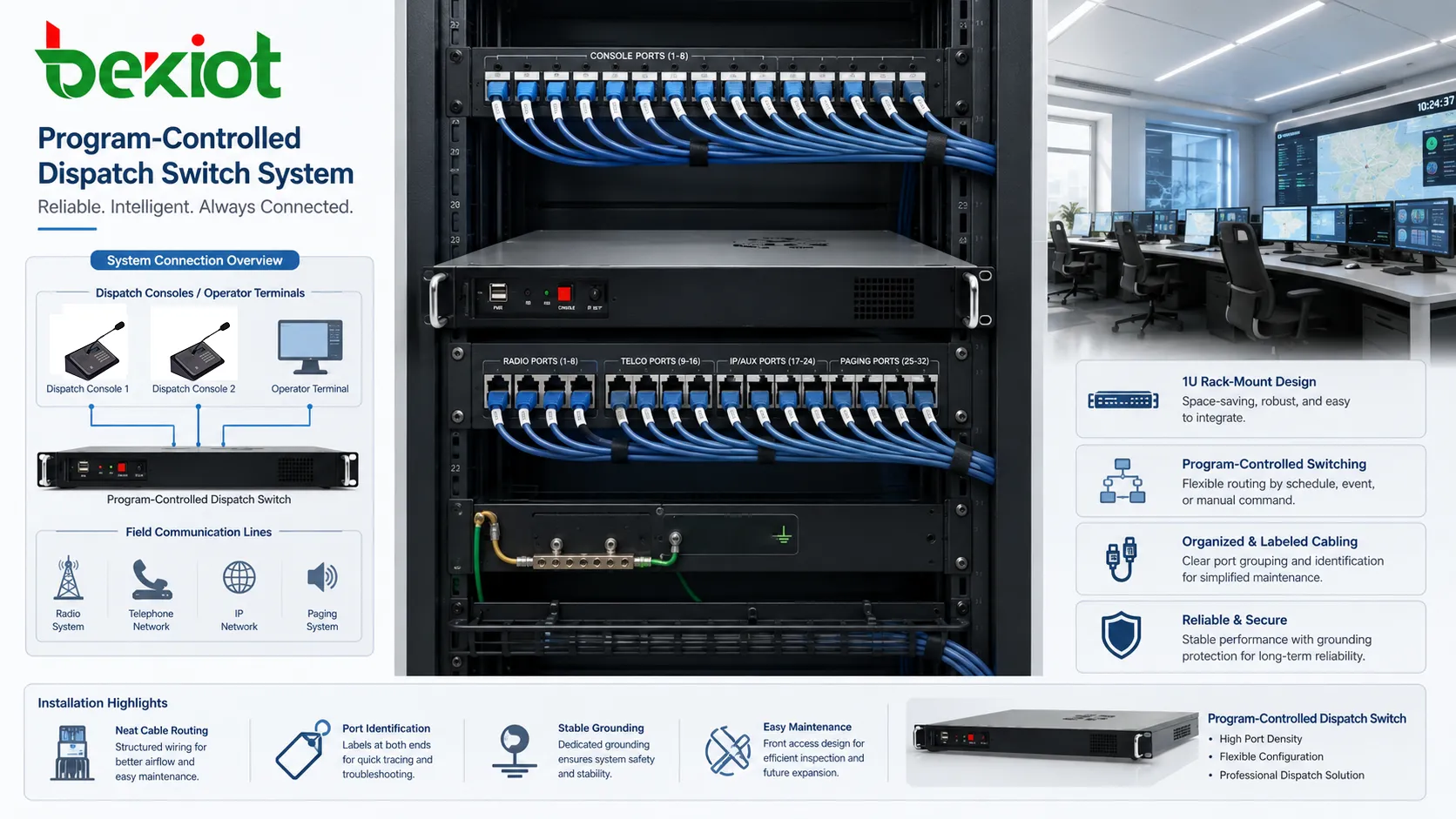 Installation d’un commutateur de dispatching programmé avec rack ports étiquetés routage de câbles mise à terre et connexion aux consoles