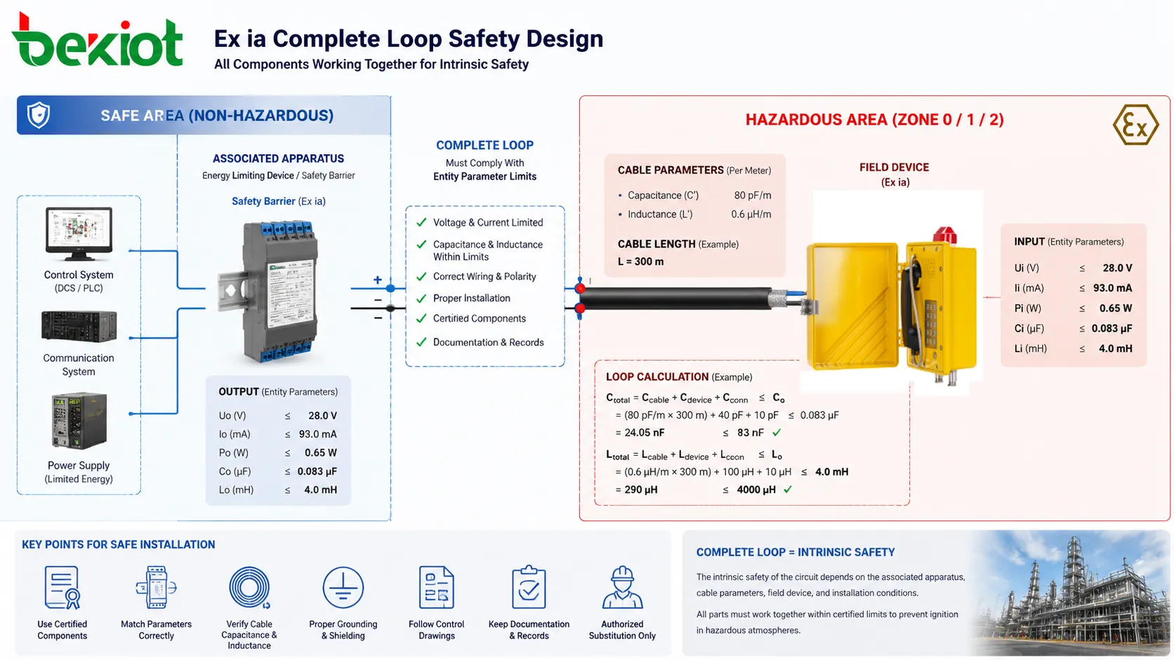 Conception de sécurité de boucle complète Ex ia avec appareil associé, barrière de sécurité, capacité de câble, appareil de terrain et installation en zone dangereuse