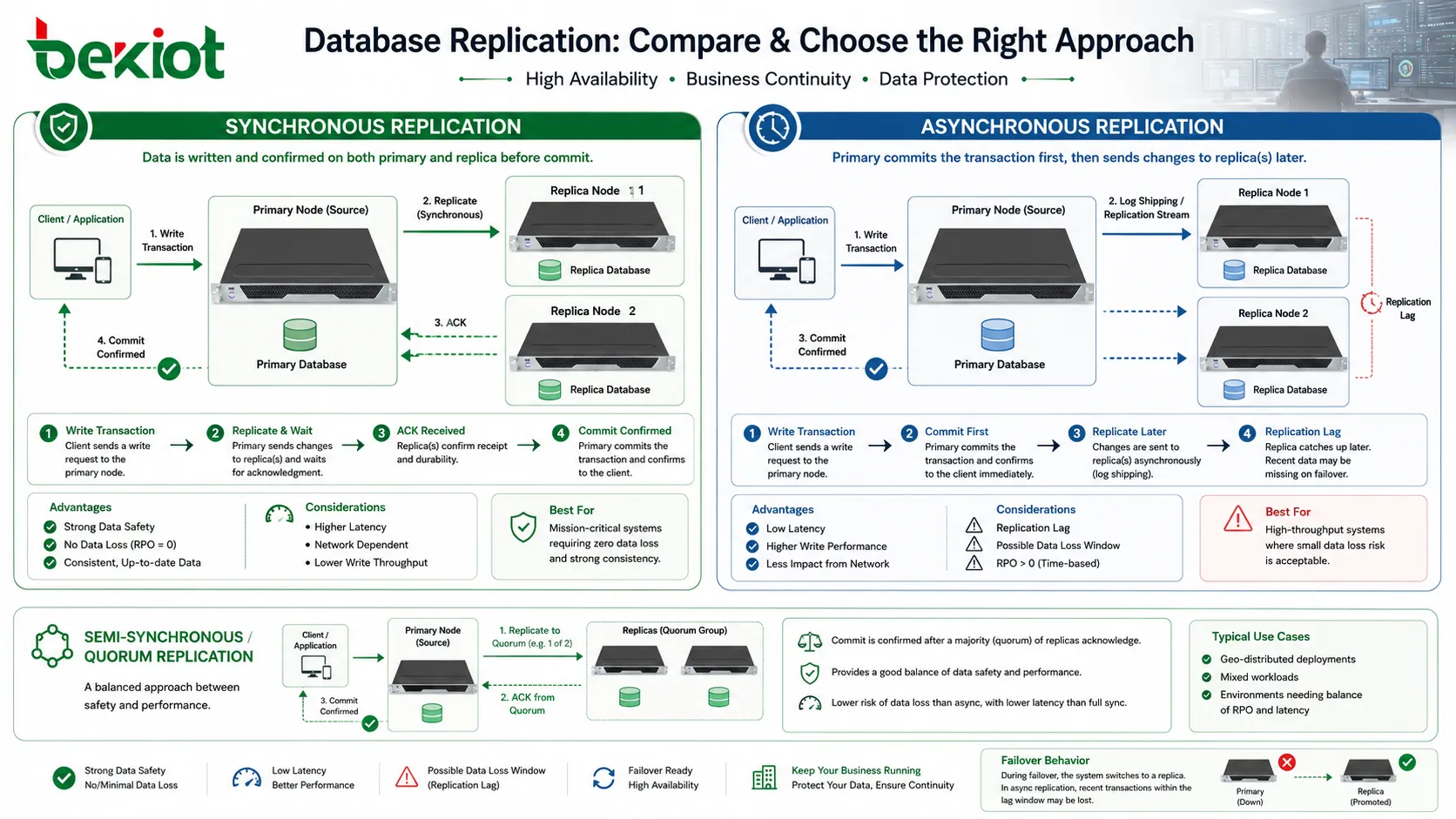 Comparaison de la réplication synchrone et asynchrone avec confirmation de transaction envoi de journaux retard et basculement