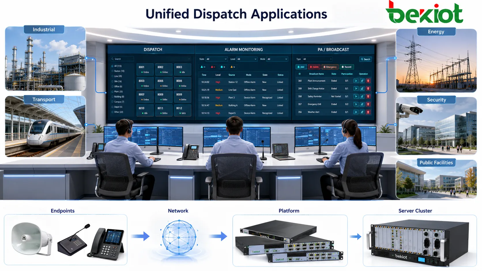 Control room applications across industrial facilities, transport networks, energy utilities, security centers and public facility management