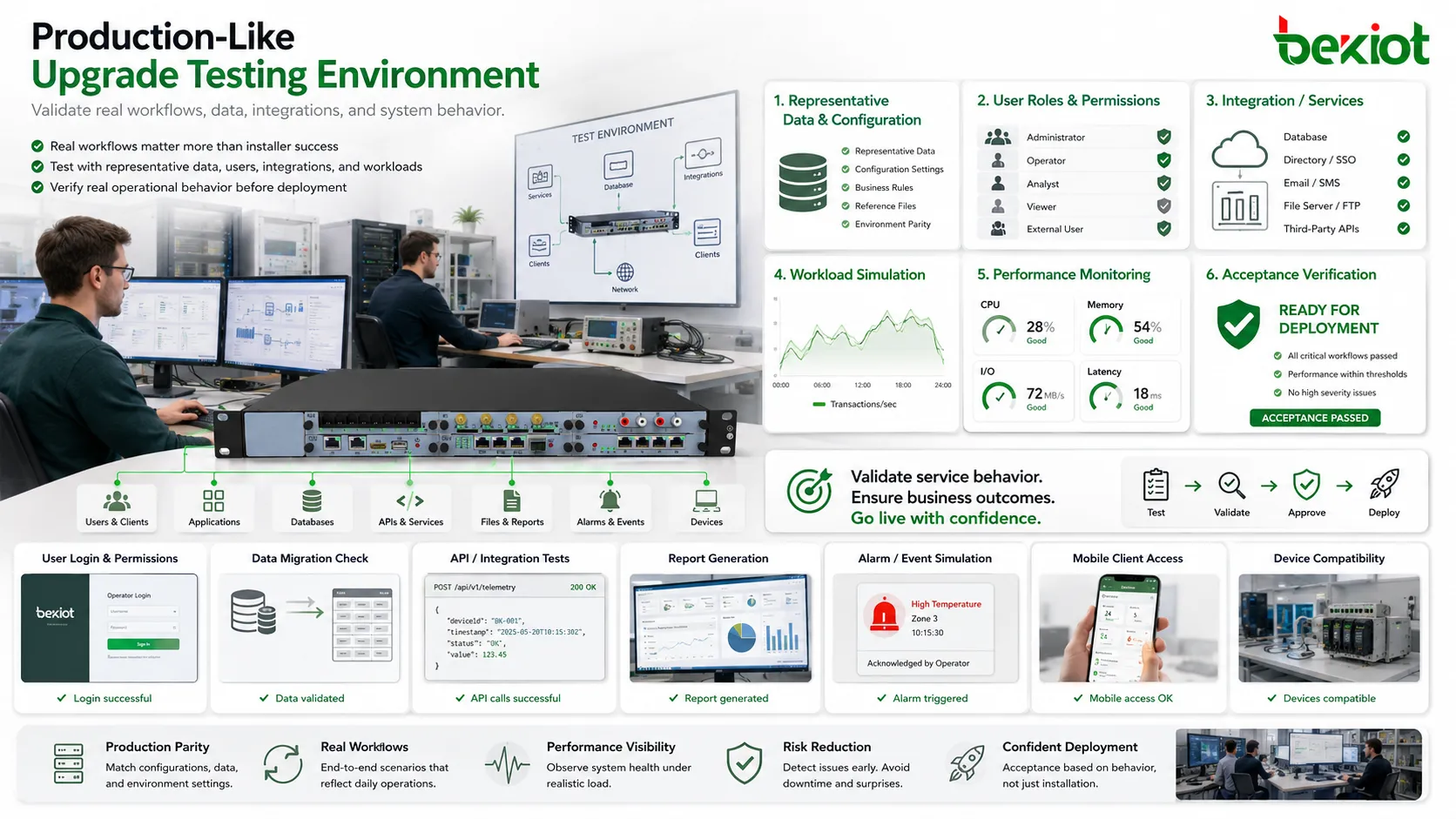 Environnement de test de mise à niveau système avec données proches de la production, rôles utilisateurs, intégrations, simulation de charge et validation d’acceptation