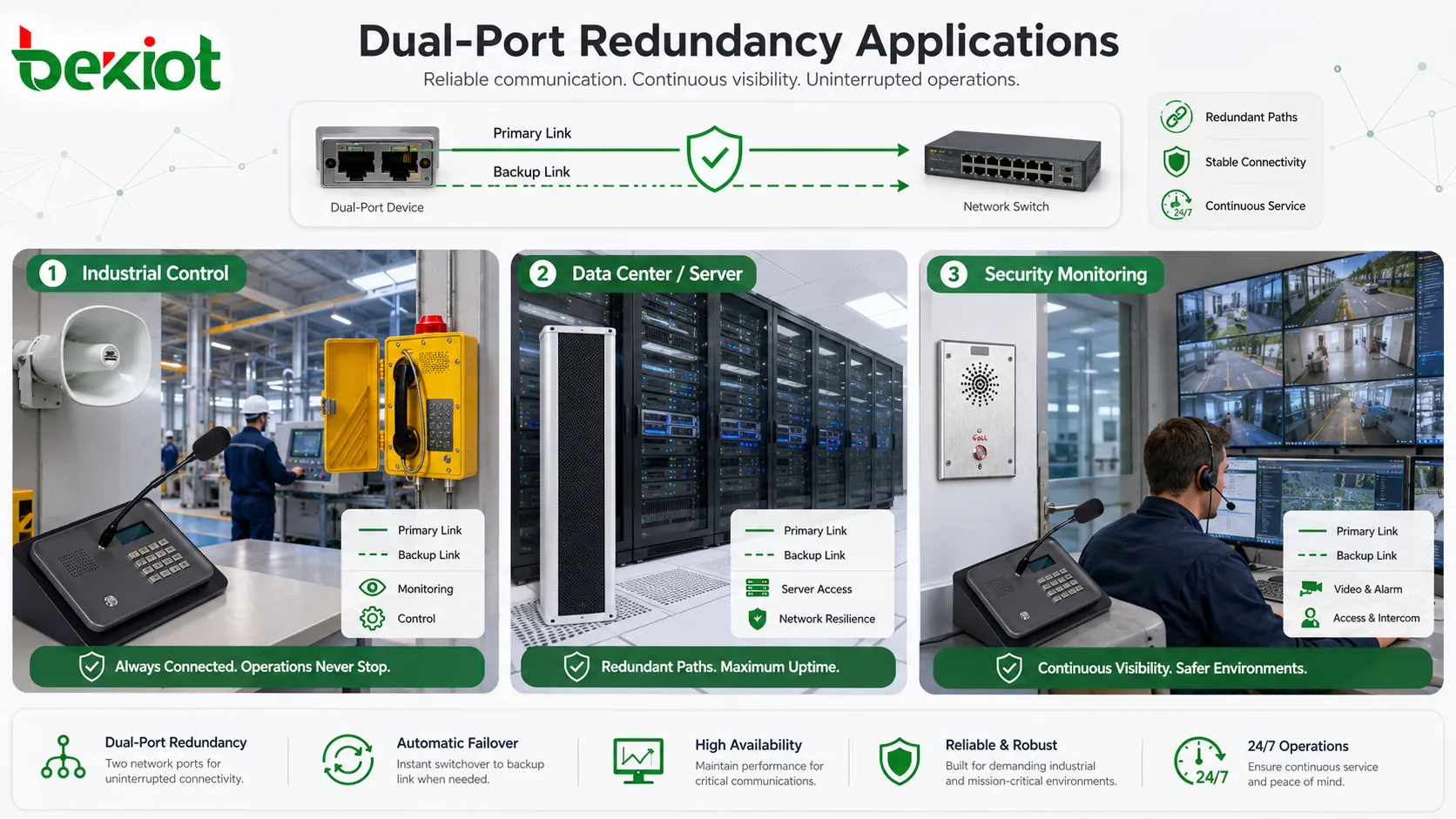 Applications de la redondance à double port dans le contrôle industriel, les plateformes de communication, les serveurs de centre de données et la supervision de sécurité