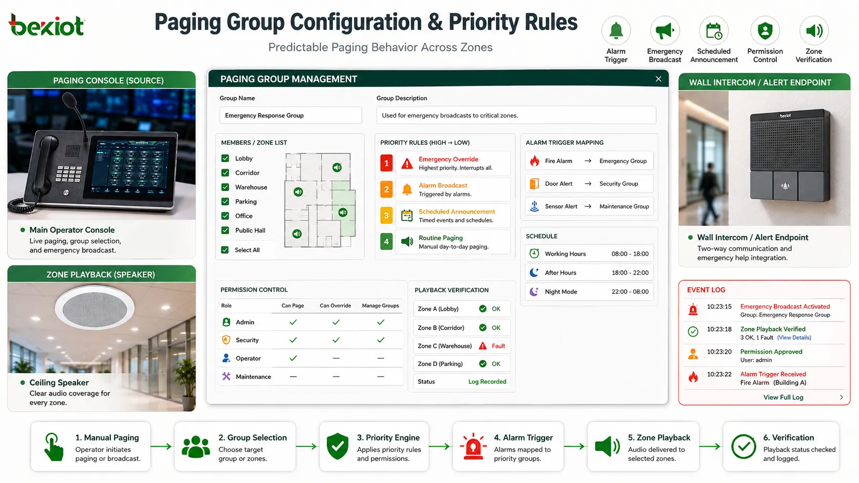 Configuration de groupe avec priorités déclenchement d’alarme annonce d’urgence message programmé contrôle des droits et vérification par zone