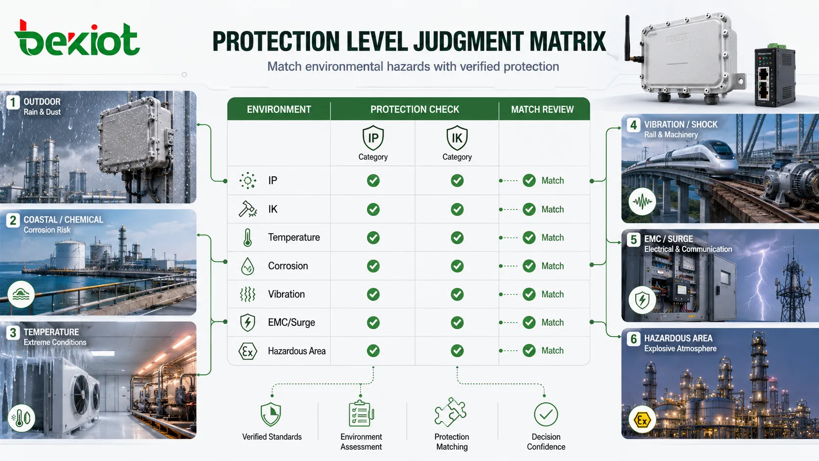 Matrice de jugement du niveau de protection incluant IP, IK, température, corrosion, vibration, CEM, surtension, zone dangereuse et adéquation environnementale