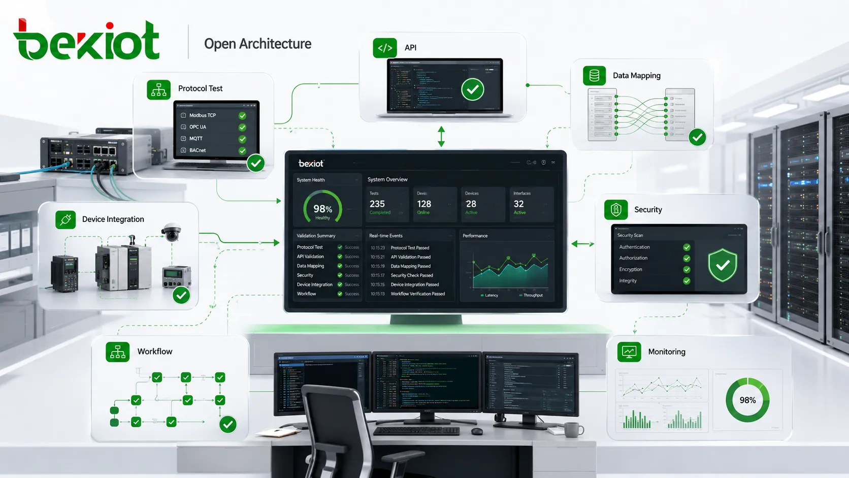 Tests d’interopérabilité d’architecture ouverte avec protocoles, validation API, mappage des données, sécurité, intégration d’équipements, vérification de workflow et supervision