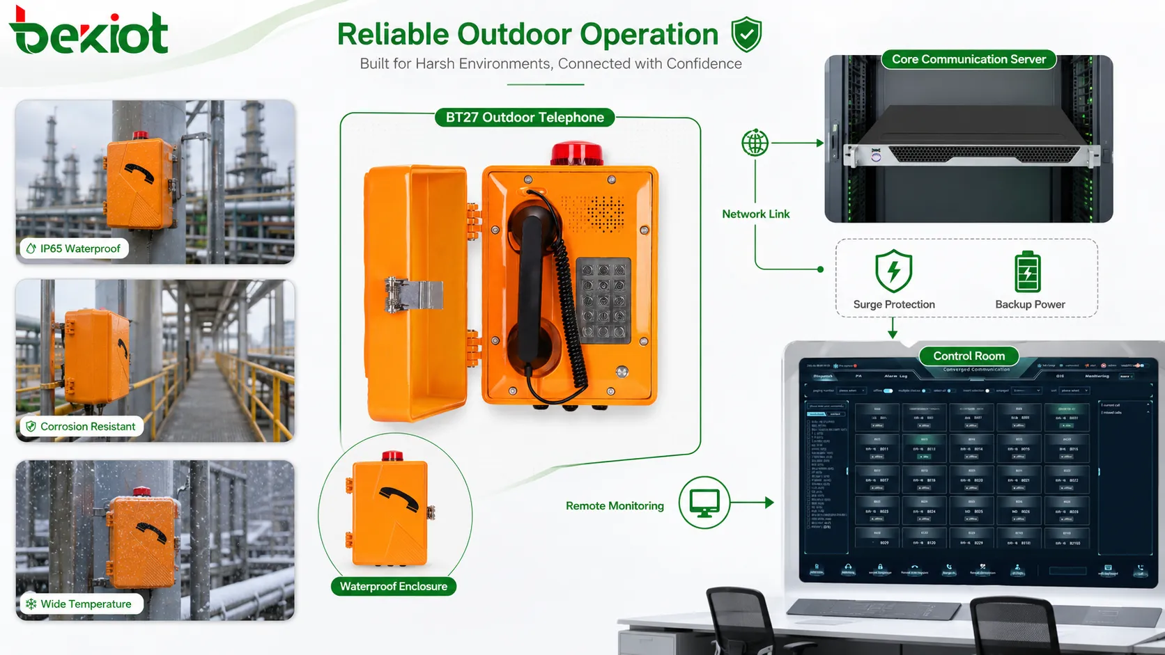 Dispositif extérieur avec téléphone étanche, câble réseau, protection contre surtension, alimentation de secours, liaison salle de contrôle et surveillance à distance