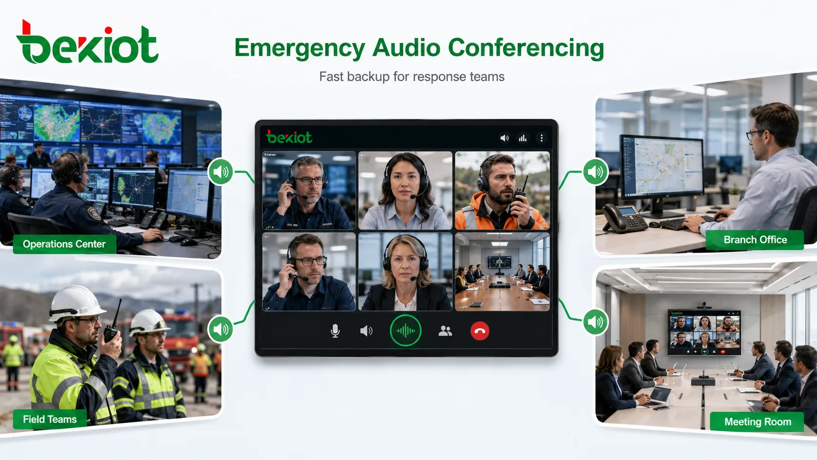 Audio conférence d'urgence pour les centres d'opérations, les succursales, les équipes de terrain et les grandes salles de réunion