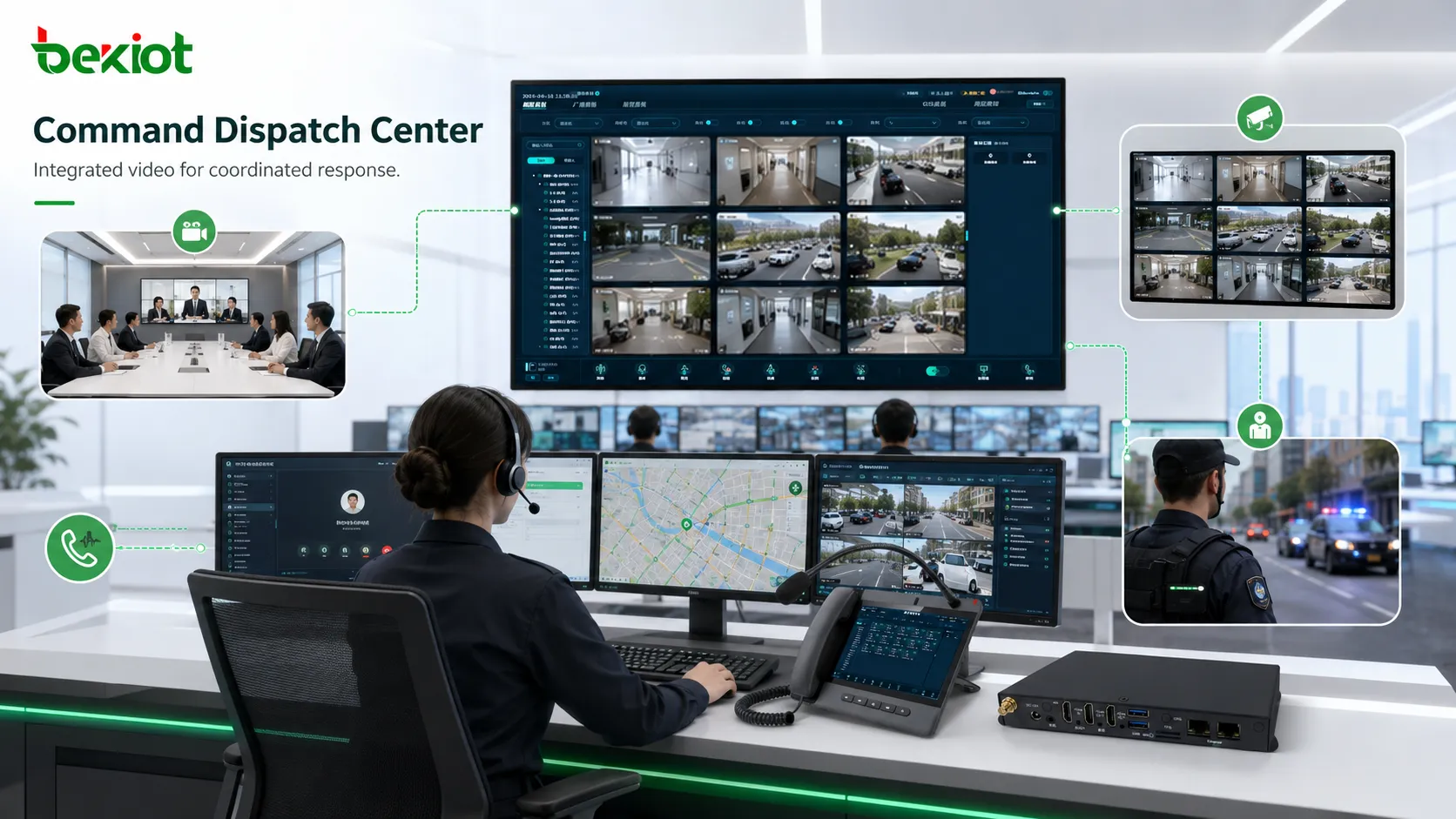 Centre de répartition des commandes intégrant des salles de visioconférence, des flux de surveillance, une communication SIP et des dispositifs vidéo de terrain