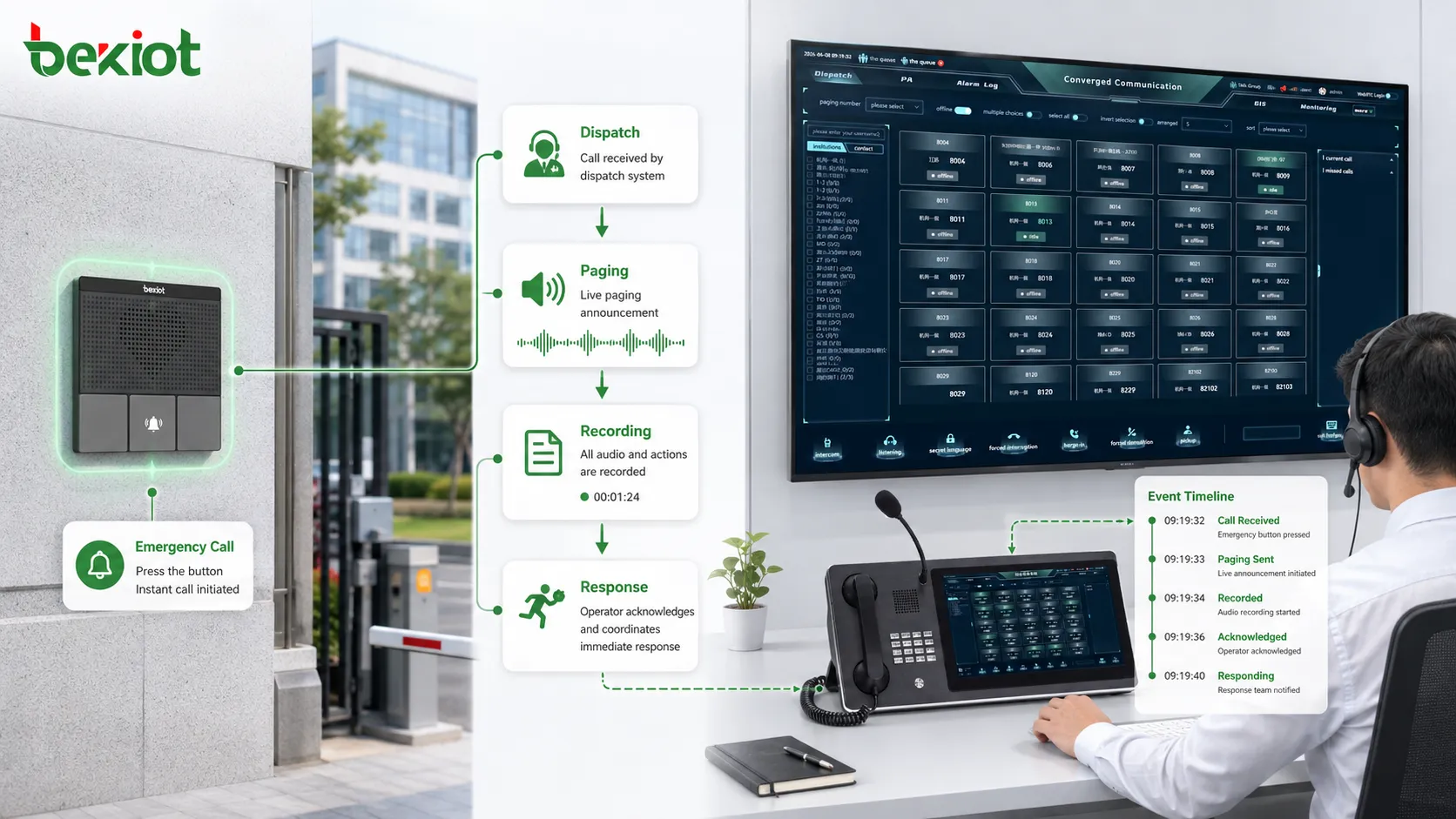 Liaison de communication avec bouton d’urgence, interphone, annonce, notification de dispatching, enregistrement et réponse opérateur