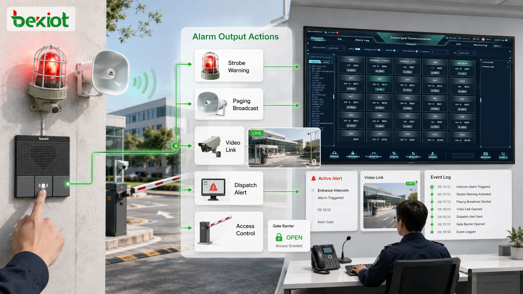 Actions de sortie d’un déclencheur d’alarme avec sirène, flash, annonce d’évacuation, vidéo contextuelle, notification de dispatching, contrôle d’accès et journal