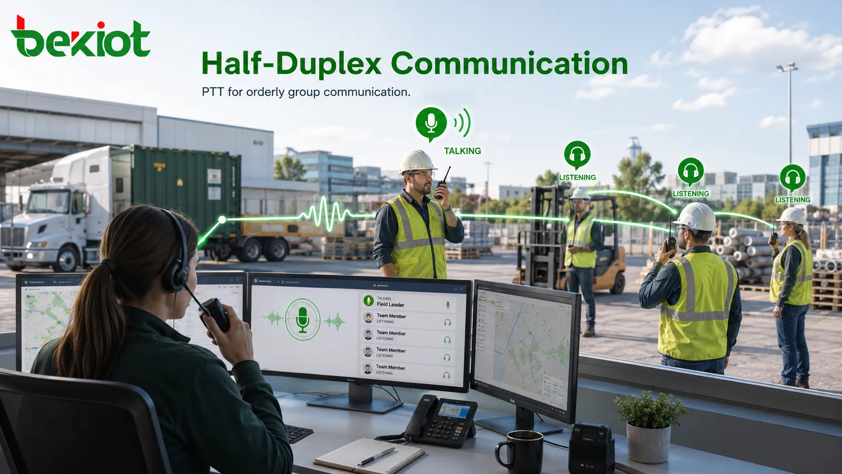 Communication radio half-duplex avec push-to-talk pour la répartition sur le terrain et les groupes de travail multi-utilisateurs