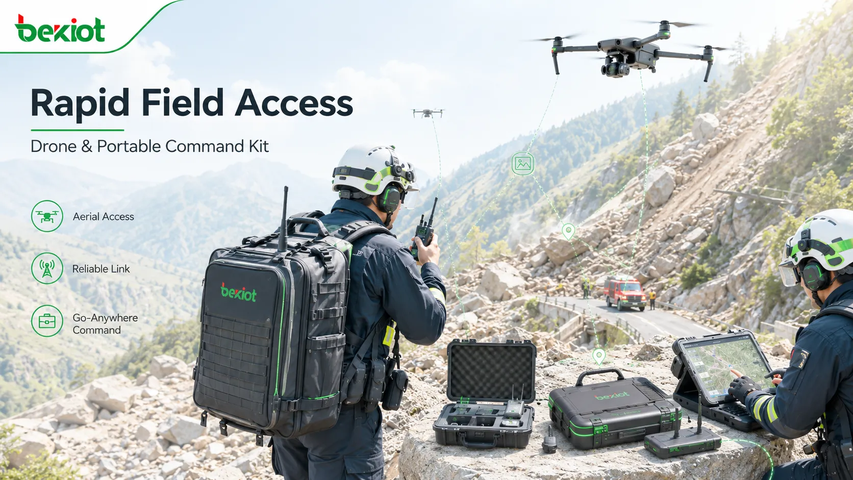 Drones et kits de commandement d'urgence portables utilisés lorsque les routes sont bloquées après des catastrophes