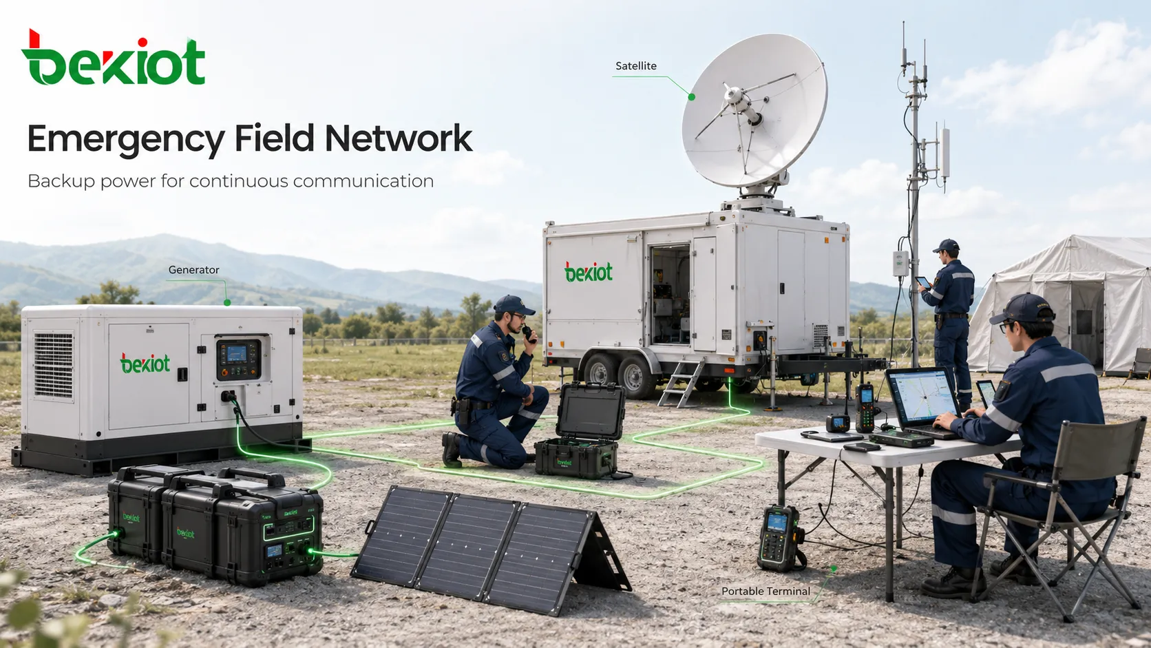 Réseau de terrain de commandement d'urgence avec communication par satellite, générateur d'alimentation de secours et terminaux portables