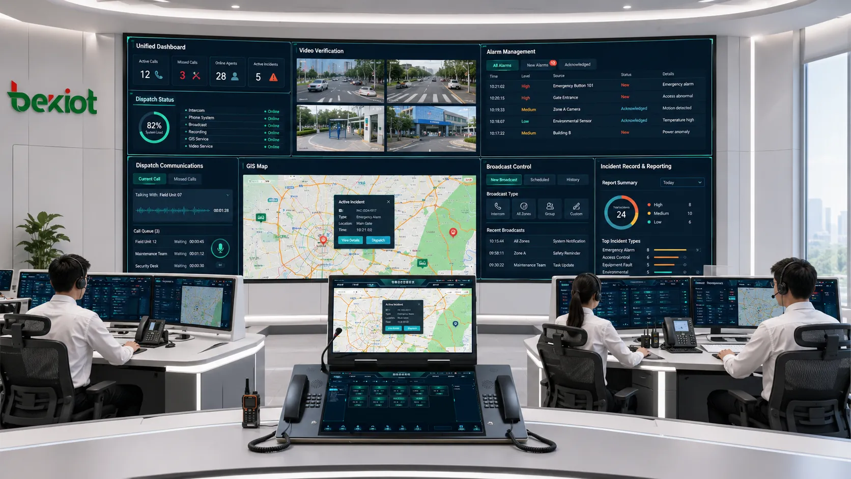 Modules fonctionnels d'un centre de commandement montrant un tableau de bord unifié, la vérification vidéo, la gestion des alarmes, une carte SIG, la répartition, la communication, l'enregistrement des incidents et le flux de travail des rapports