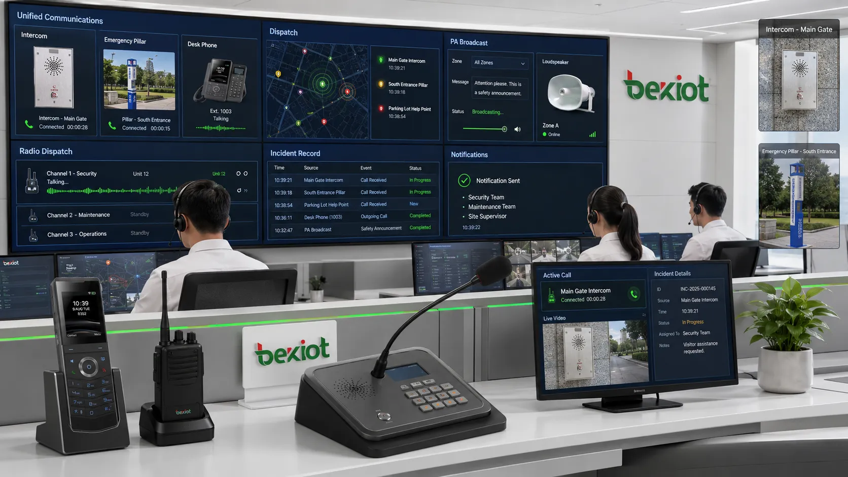 Communication et répartition dans un centre de commandement montrant un opérateur en appel vocal, une annonce de sonorisation, un point d'assistance par interphone, une notification mobile, une passerelle radio et un lien avec l'enregistrement d'incident