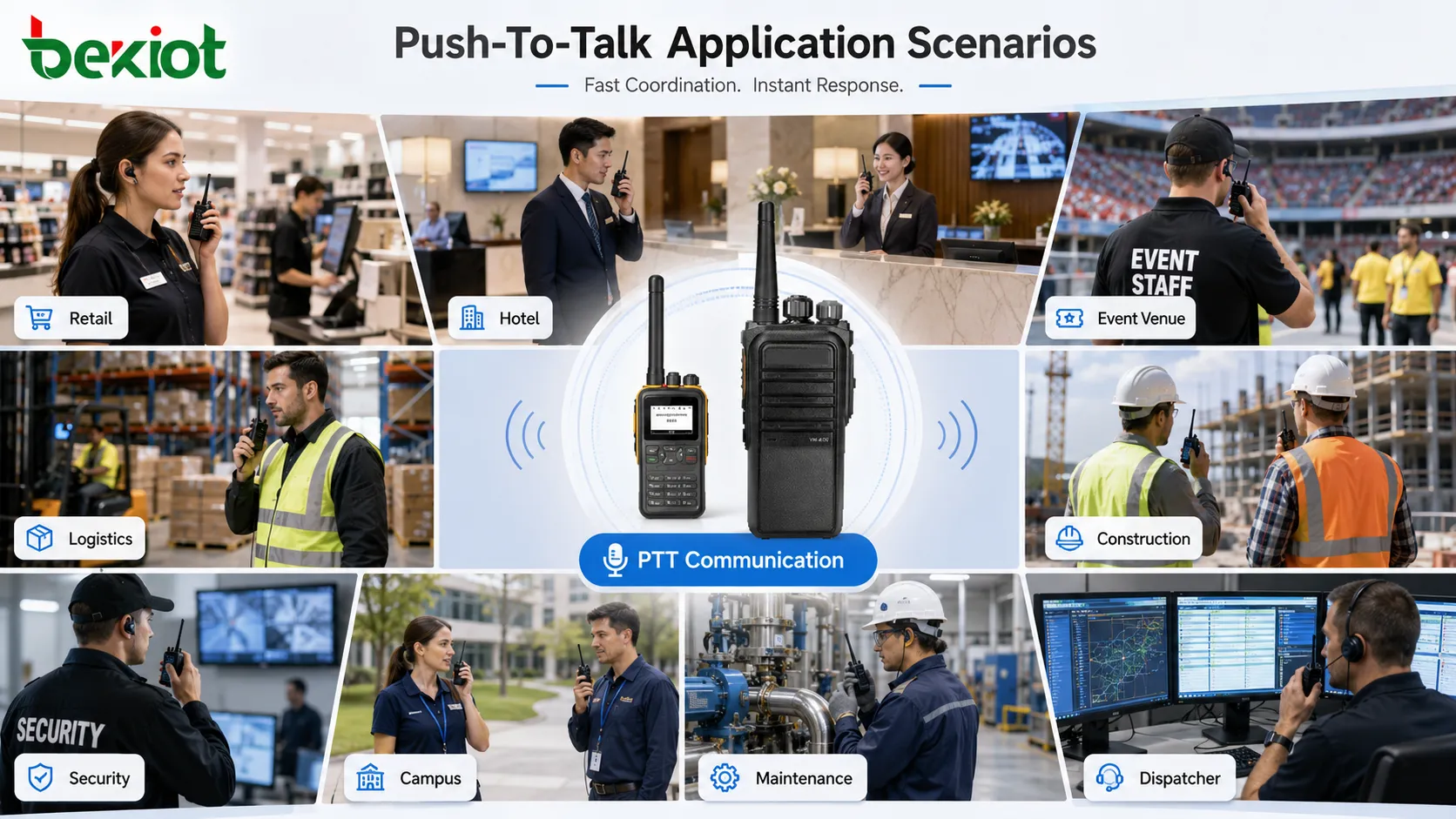 Scénarios Push-To-Talk avec patrouille de sécurité, maintenance industrielle, flotte logistique, chantier, campus et coordination du dispatching