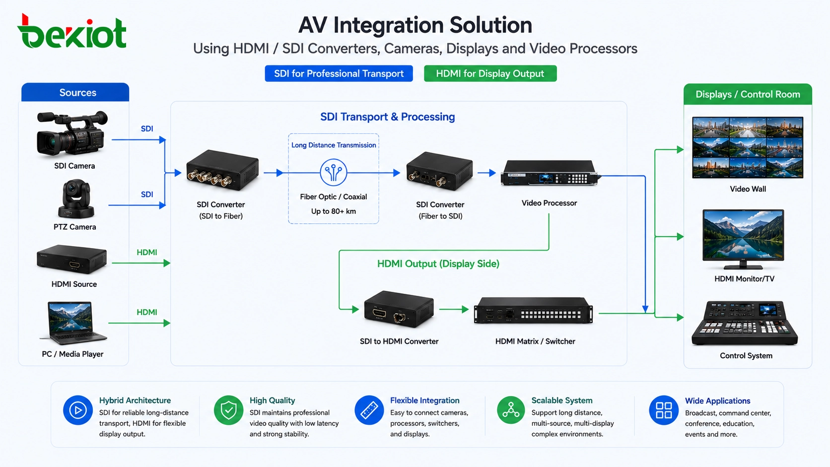 Solution d'intégration AV utilisant des convertisseurs HDMI SDI, des caméras, des écrans et des processeurs vidéo