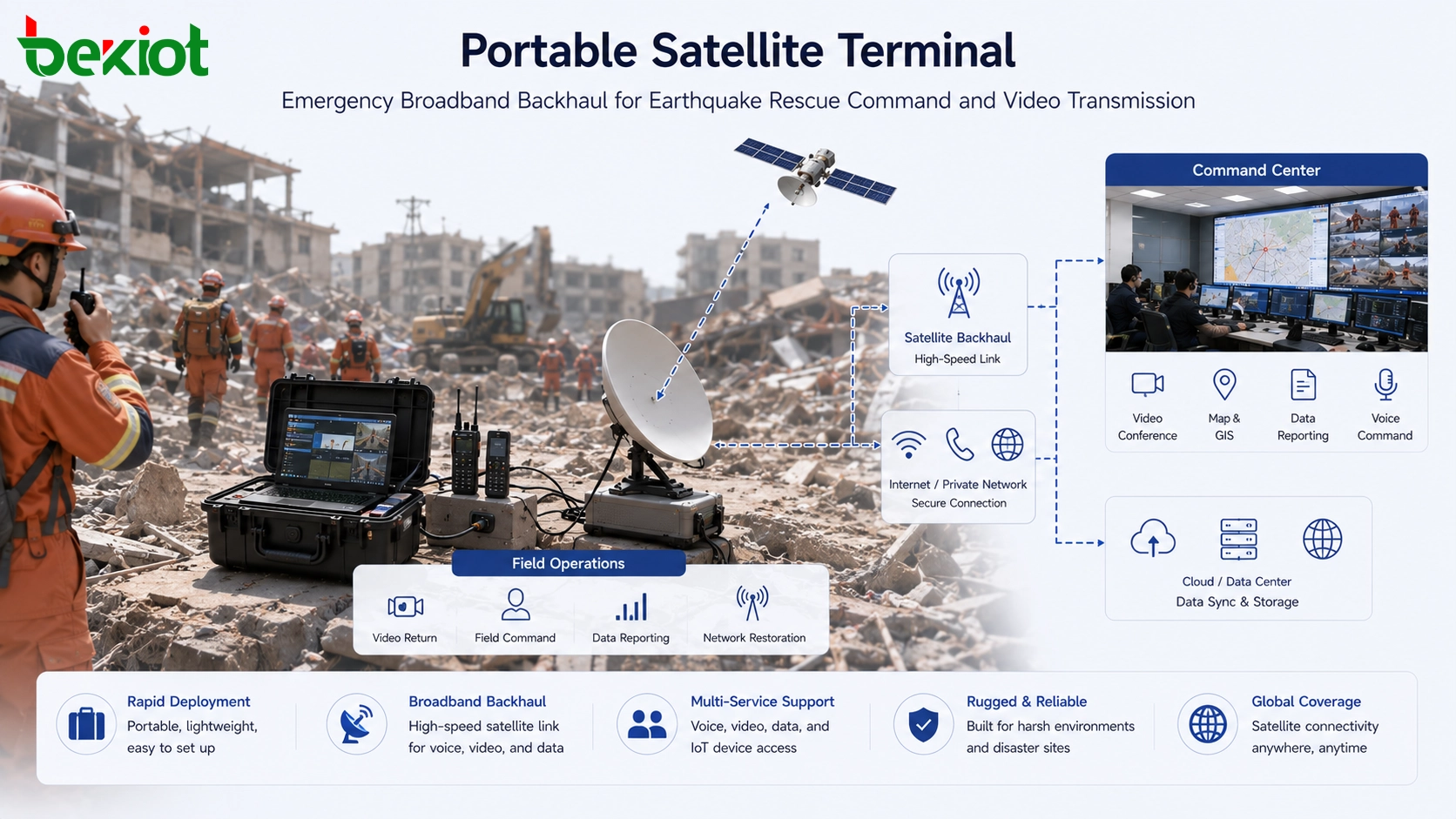 Terminal satellite portable fournissant un retour à large bande d'urgence pour le commandement des secours après tremblement de terre et la transmission vidéo
