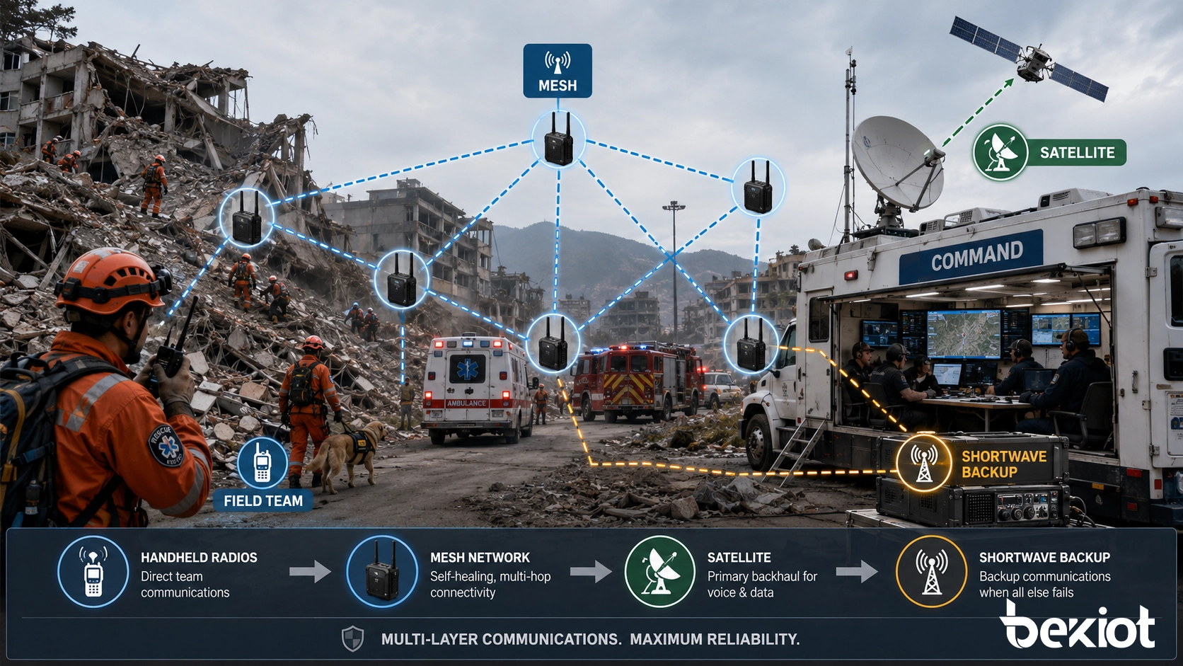Réseau de communication de commandement d'urgence pour secours après tremblement de terre avec radios, maillage, retour satellite et sauvegarde par ondes courtes
