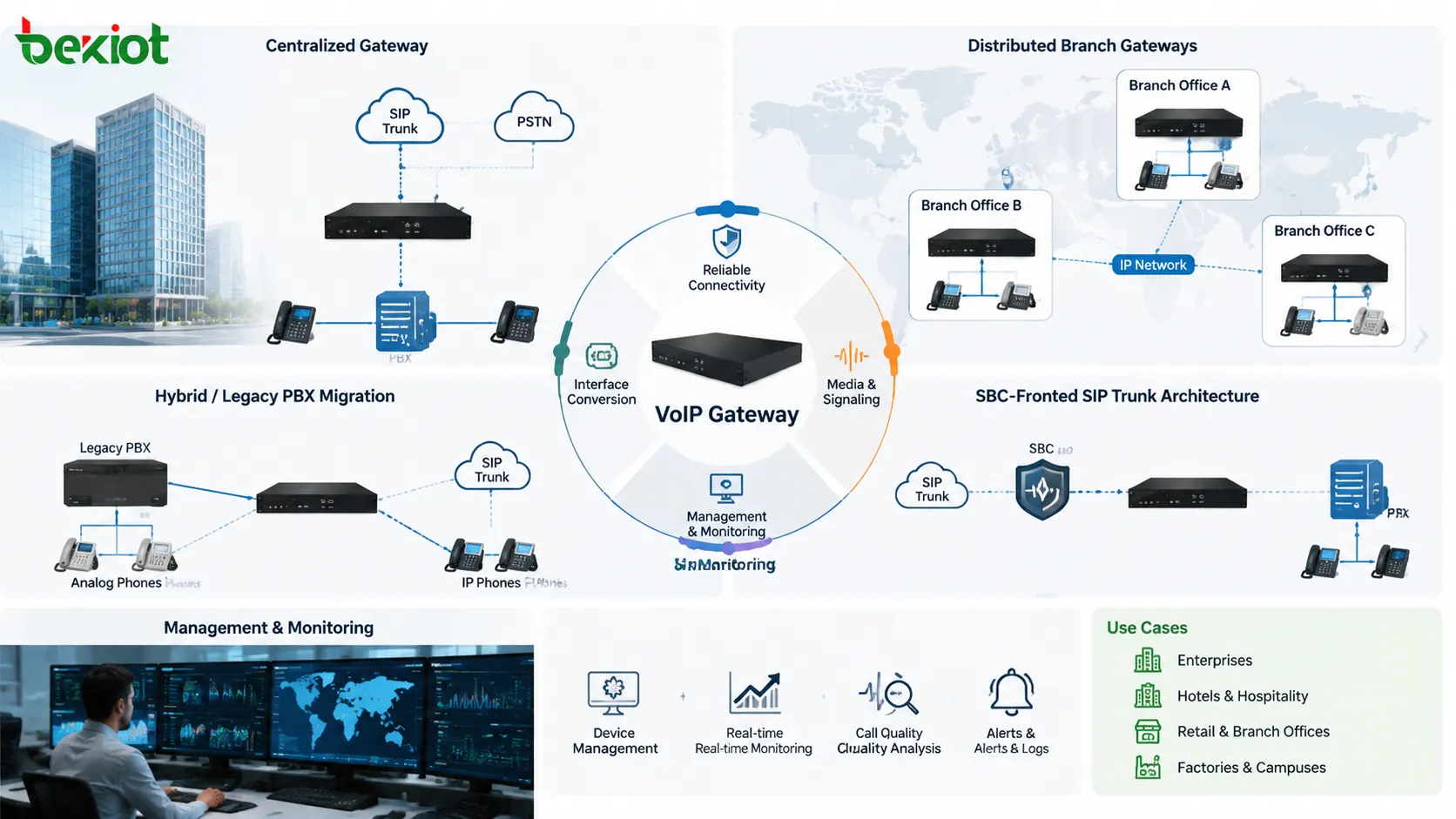 Modèles de déploiement de passerelle VoIP avec architecture centralisée, passerelles distribuées, migration PBX hybride, SIP trunk avec SBC frontal et supervision