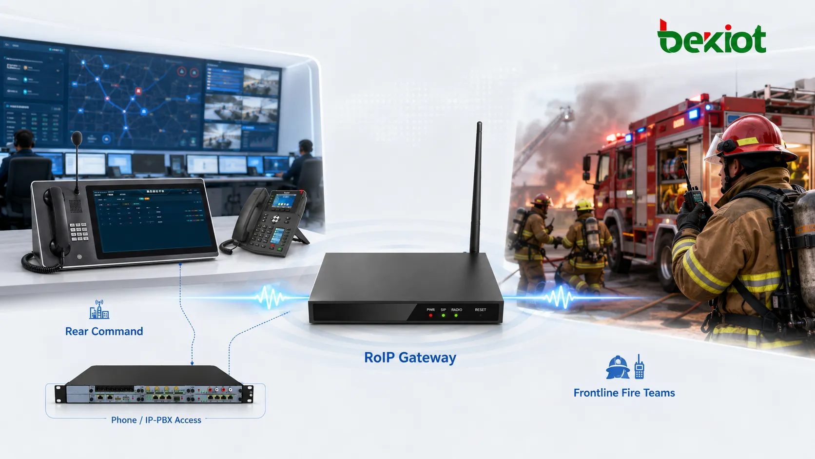 Passerelle RoIP permettant aux utilisateurs de téléphone du centre de commandement arrière de communiquer avec les équipes radio de première ligne lors d'opérations de secours d'incendie