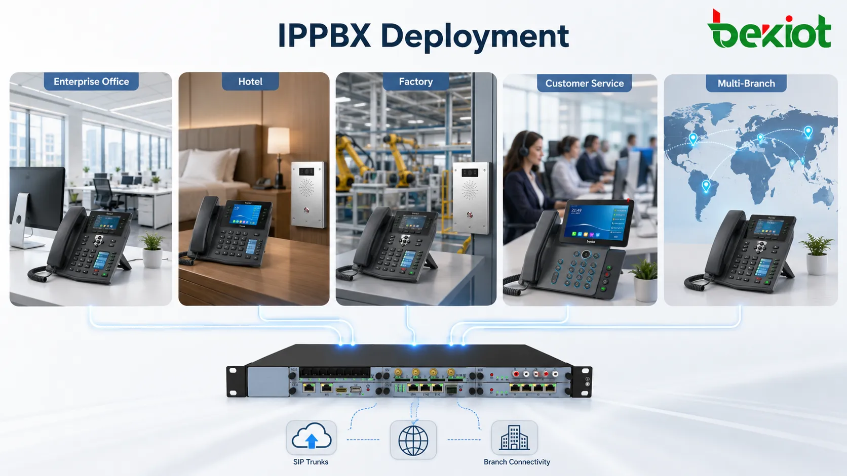 Déploiement IPPBX dans les bureaux d'entreprise, hôtels, usines, centres de service client et organisations multisuccursales