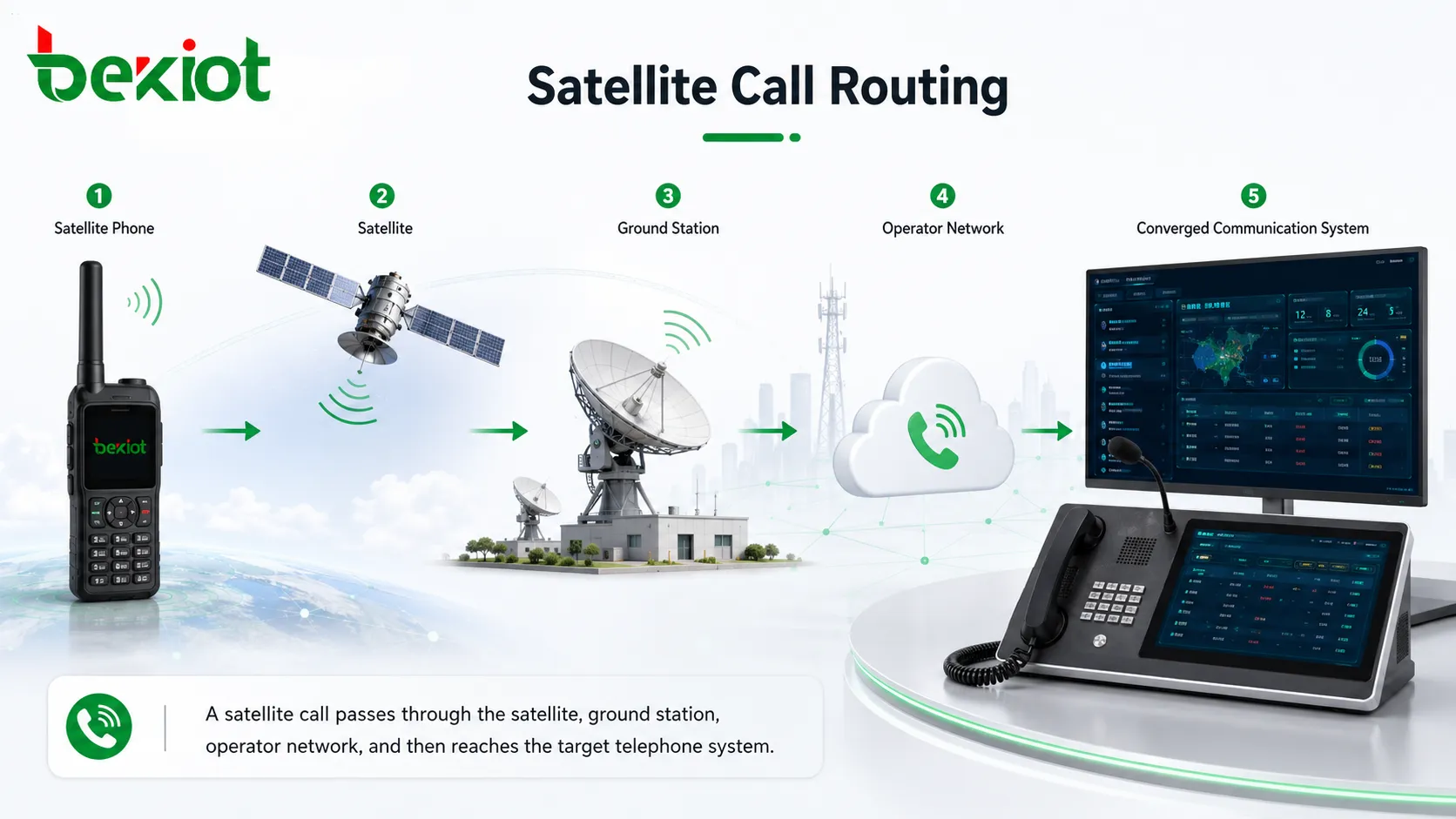 Acheminement d'un appel de téléphone satellite via la station terrestre et le réseau de l'opérateur de télécommunications