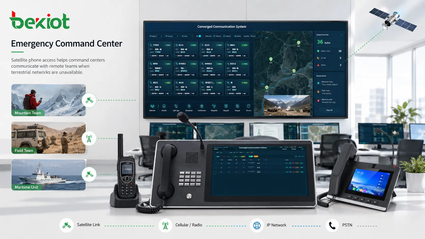 Centre de commandement d'urgence utilisant des téléphones satellites, des téléphones IP et des consoles de répartition pour les communications de terrain