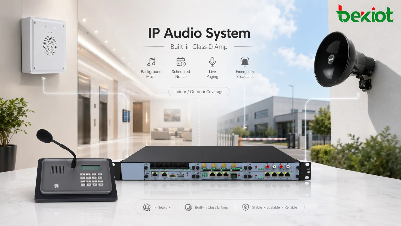 Architecture de système audio SIP avec serveur SIP commutateur PoE haut-parleurs réseau et diffusion de musique d’ambiance