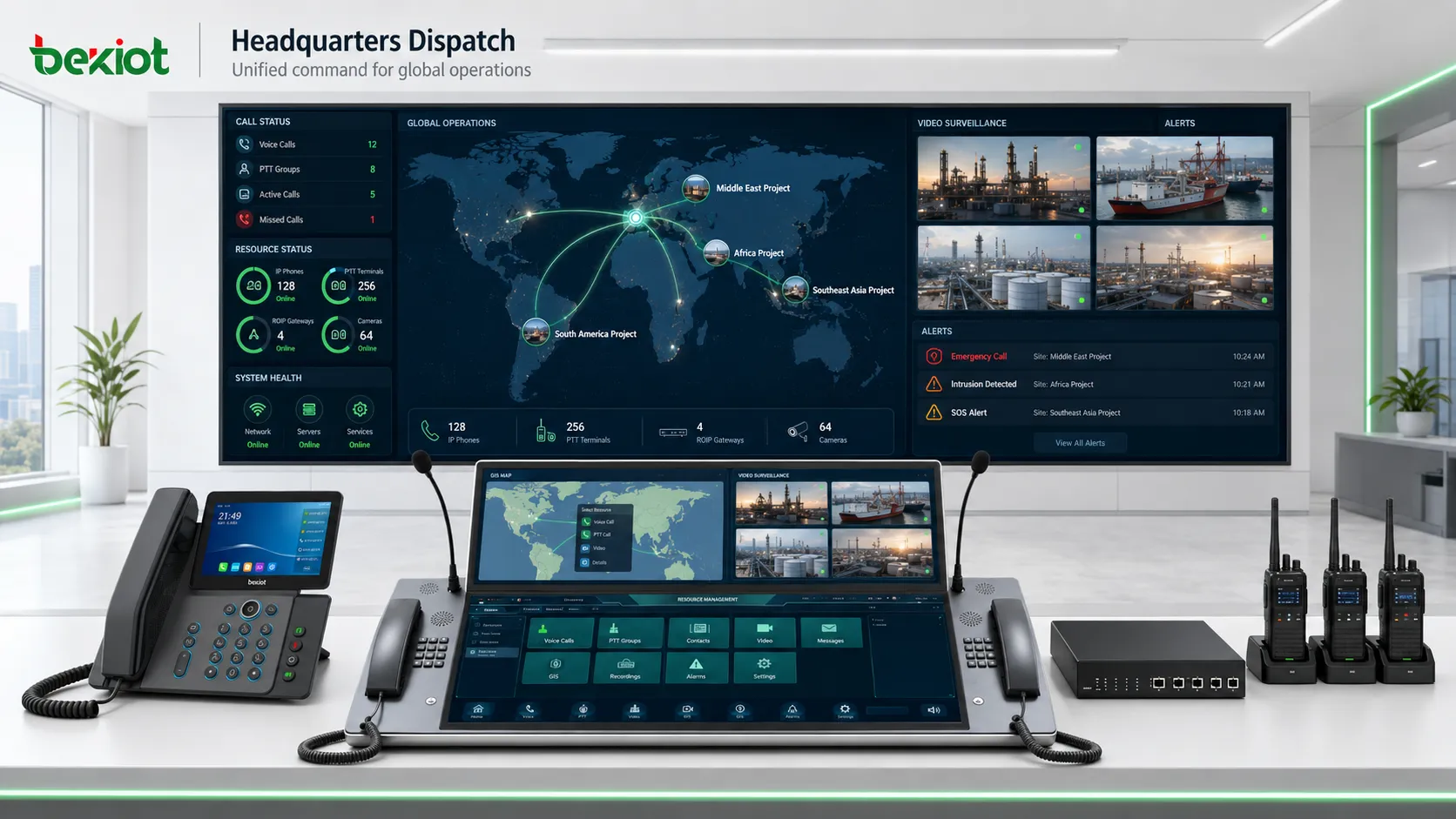 Console de répartition du siège social gérant les téléphones IP, les terminaux PTT, les passerelles ROIP, la vidéosurveillance et le SIG à l'étranger