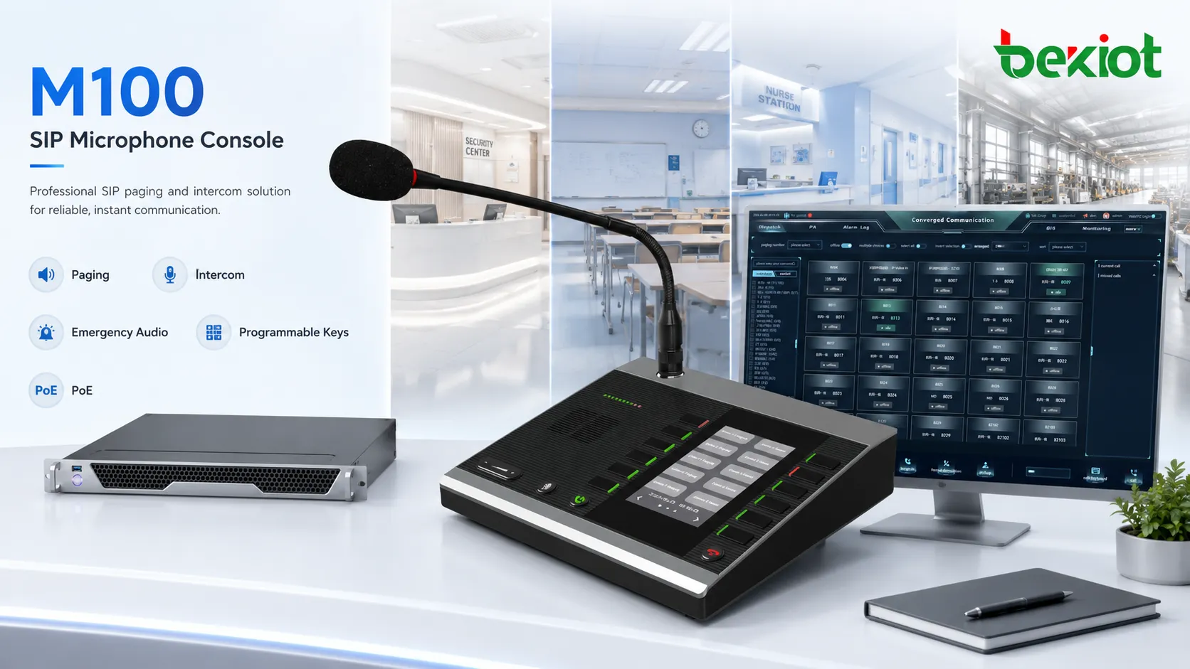 Console microphone SIP M100 avec micro col de cygne, touches programmables et commandes de paging de bureau