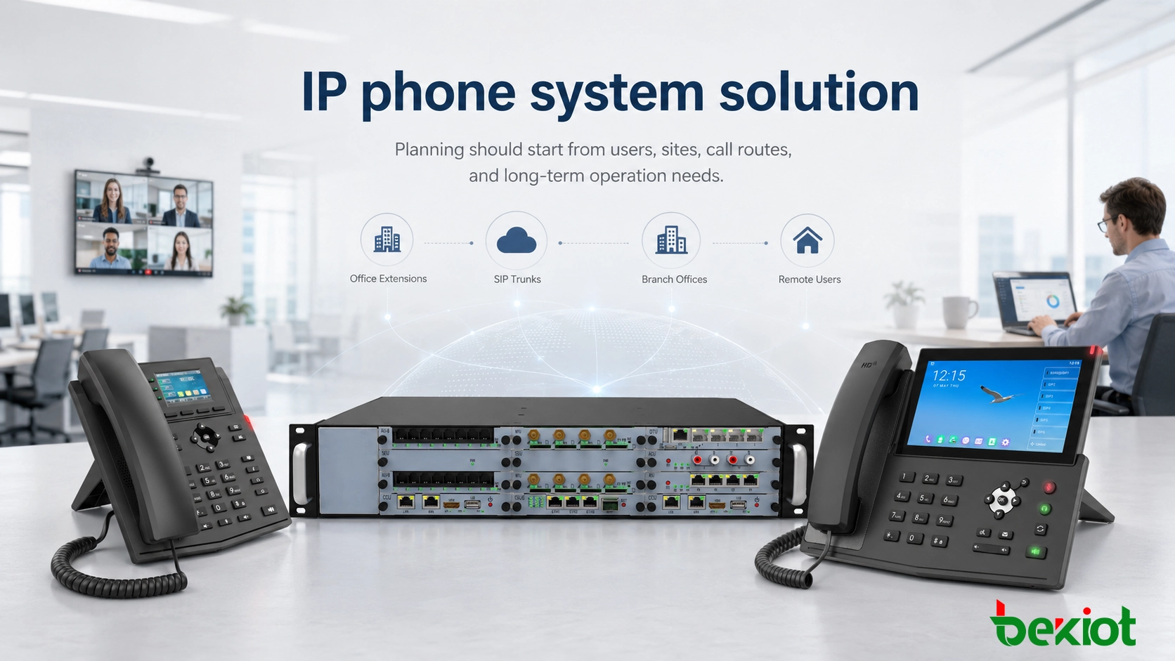 Solution de système téléphonique IP connectant les postes de bureau, les trunks SIP, les succursales et les utilisateurs distants