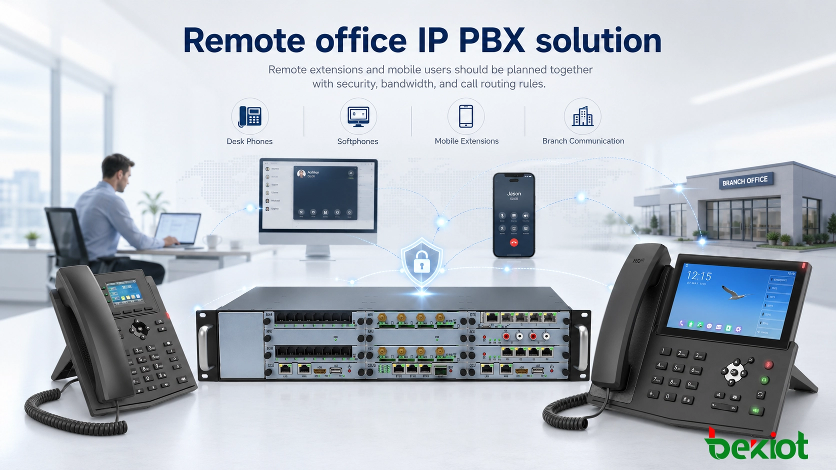 Solution IP PBX pour bureau distant avec téléphones de bureau, softphones, postes mobiles et communication entre succursales