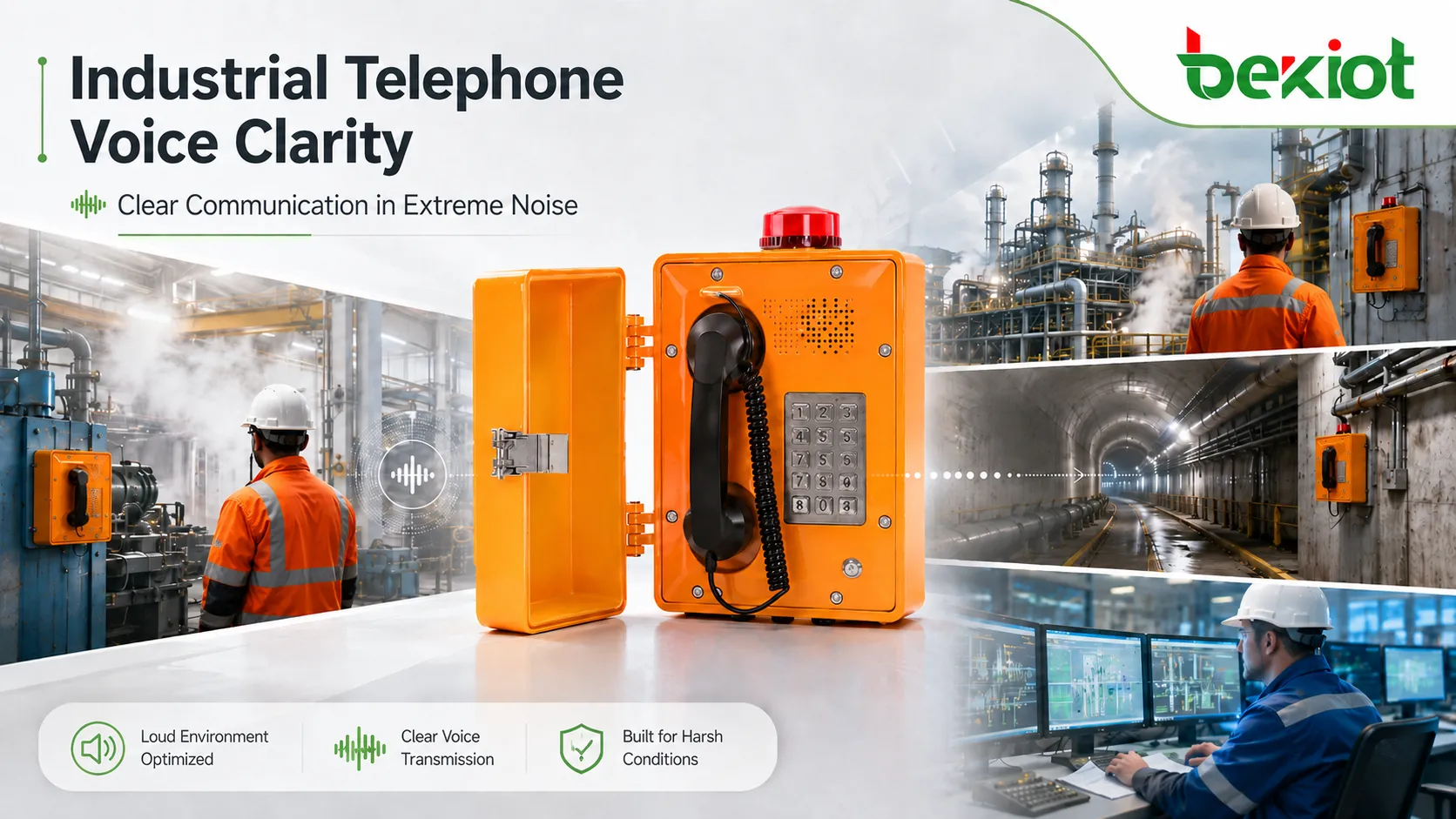 Clarté vocale d’un téléphone industriel dans une usine bruyante avec travailleur utilisant un téléphone robuste, opérateur en salle de contrôle, captation micro, suppression du bruit et transmission claire