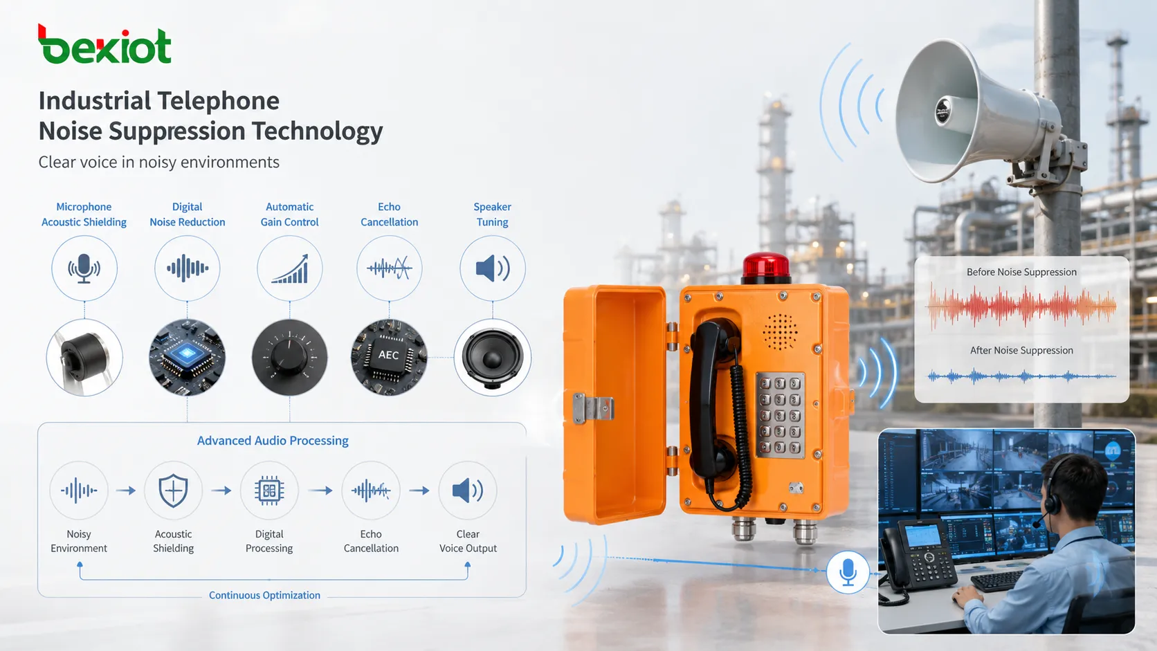 Technologie de suppression du bruit d’un téléphone industriel avec protection acoustique du microphone, réduction numérique du bruit, contrôle automatique de gain, annulation d’écho et réglage du haut-parleur