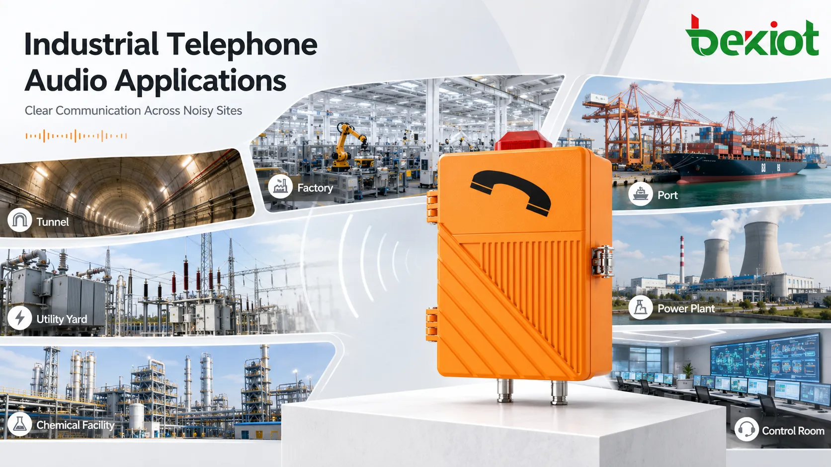 Scénarios audio de téléphone industriel montrant atelier, tunnel, port, parc extérieur, centrale électrique, site chimique et communication avec salle de contrôle