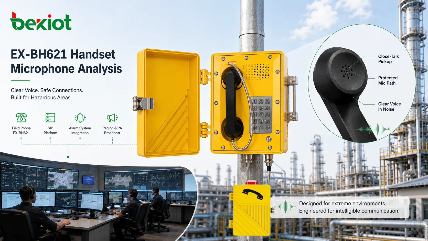 Conception du combiné et du microphone d’un téléphone antidéflagrant avec captation proche ouverture protégée câble robuste et environnement industriel bruyant