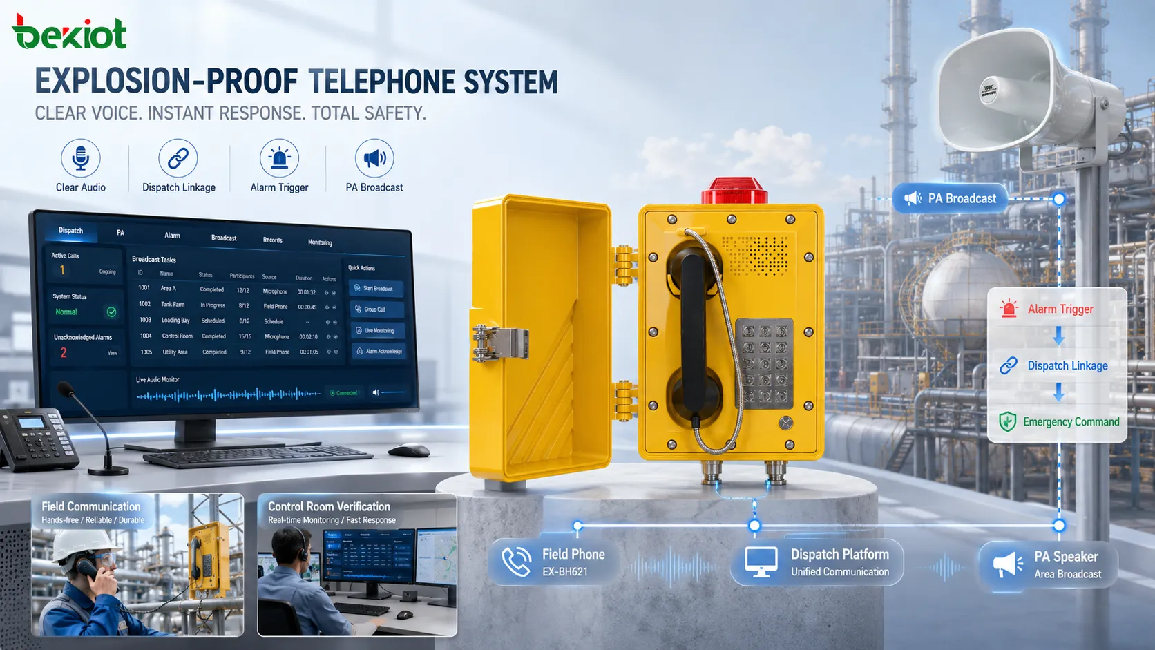 Intégration audio d’un téléphone antidéflagrant avec téléphone de zone dangereuse console de dispatching système d’alarme plateforme SIP haut-parleur de sonorisation et communication vocale claire