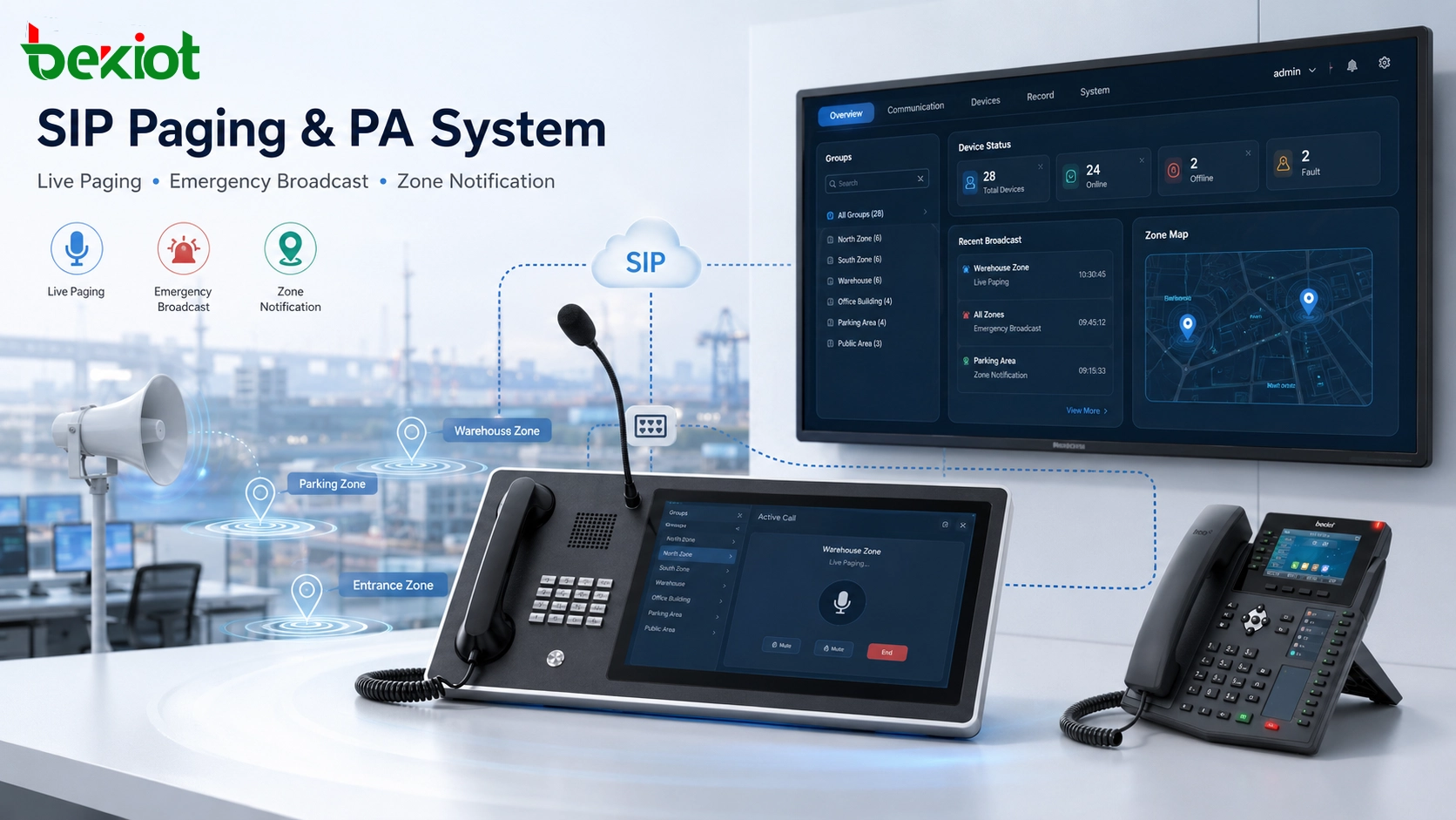 Système de sonorisation SIP et de haut-parleurs publics connecté à une console de répartition, des téléphones IP et une plateforme de communication d'urgence